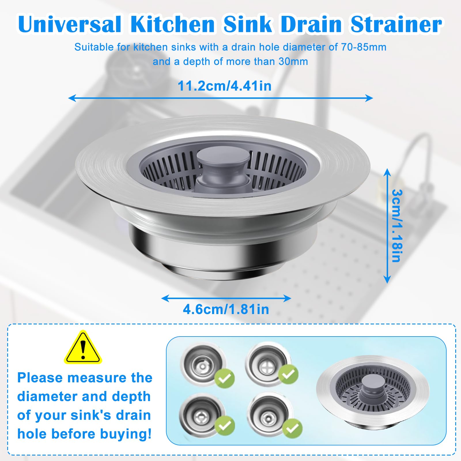 Tappo Per Lavello 3 In 1 In Acciaio Inox E ABS – Filtro Anti-Odore, Anti-Intasamento E Accumulo Per Cucina (76-81 Mm)