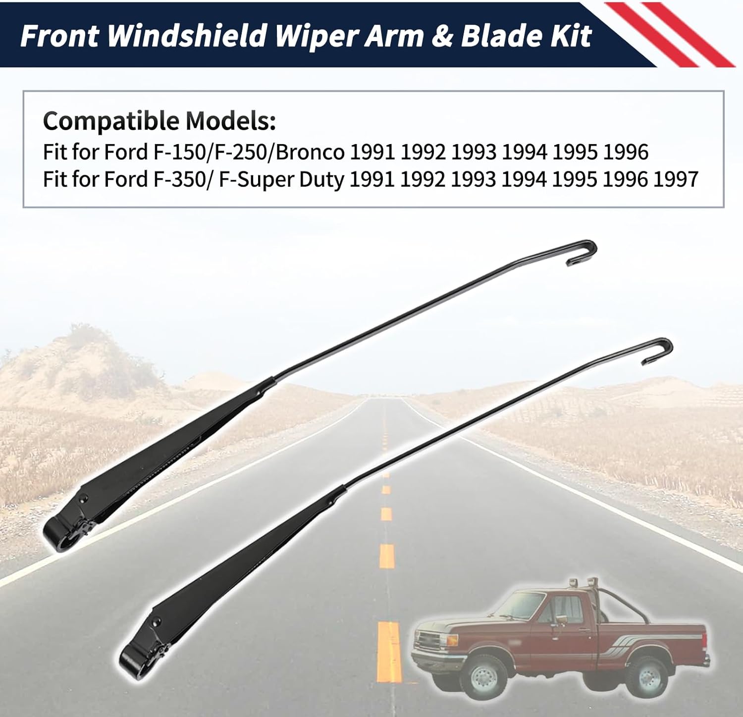 1 Pair Front Windshield Wiper Arm F1TZ-17526-AA F4TZ-17526-A Compatible With Ford F-150/F-250/Bronco 1991-1996,F-350/ F-Super Duty 1991-1997