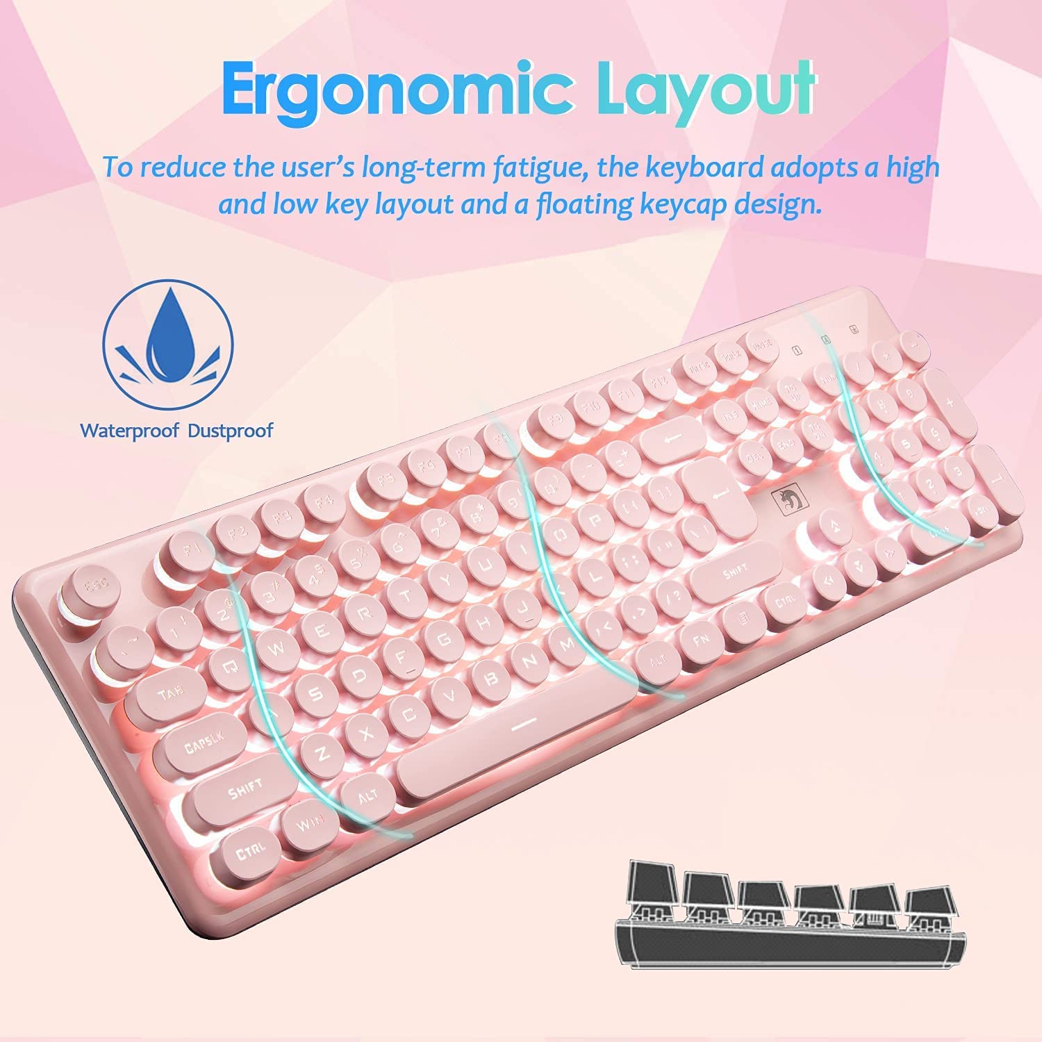 K620 Wired 4-in-1-Gaming-Tastatur-Maus-Kopfhörer Set, Semi-Mechanical QWERTY 100% Tastatur mit White LED Backlit + Optische 2400-DPI-Maus + RGB Gaming Headset mit Mikrofon + Mäusepad für PC/MAC - Rosa
