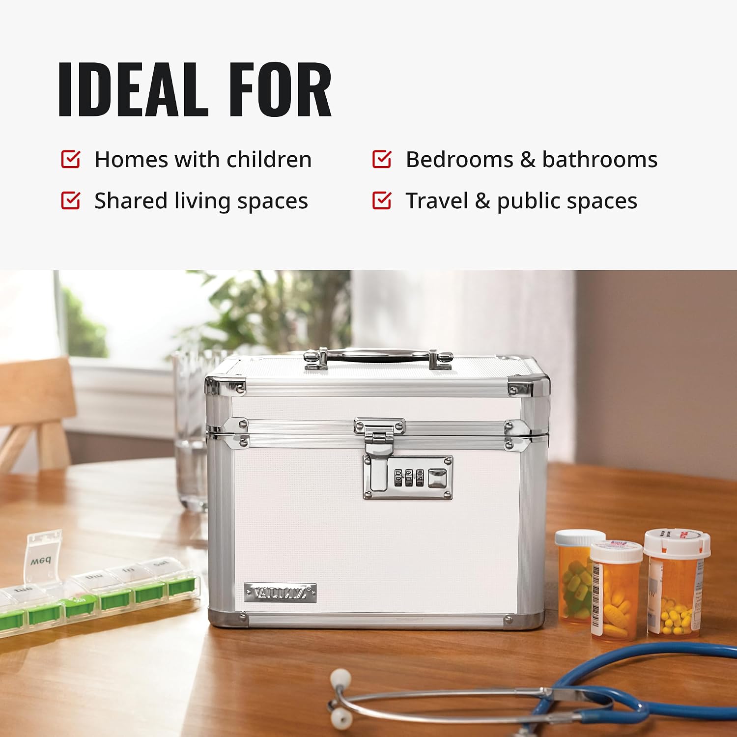 Vaultz Combination Lock Box - 7.25 x 10 x 7.75 Inch Safe Boxes for Money, Documents & Medicine - White