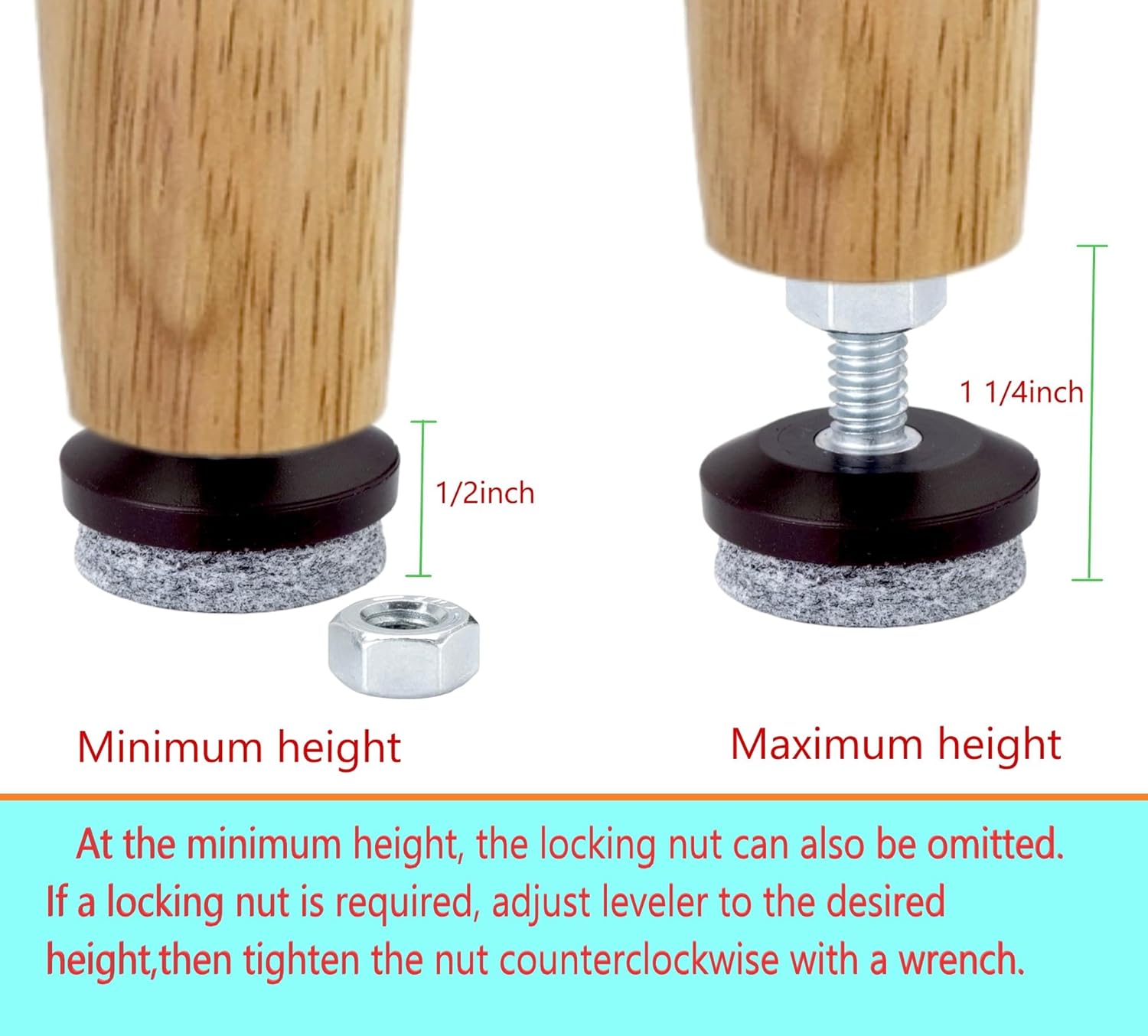 Furniture Levelers- Adjustable Felt-Bottomed Pads for Table, Chair, and Legs-Pack of 12 with Lock Nuts, Metal T-nut-1/4-20 Threaded Furniture Glides- - Leveling feet(12)