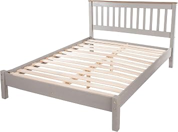Home Source Solid Pine Wood 4ft 6-Inch Double Bed Slatted Frame And Headboard, Low Foot End