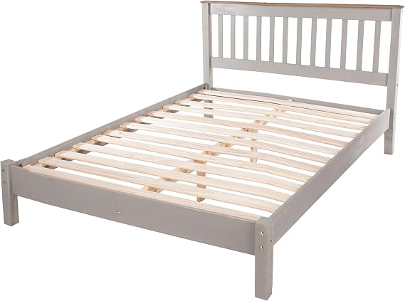 Home Source Solid Pine Wood 4ft 6-Inch Double Bed Slatted Frame And Headboard, Low Foot End
