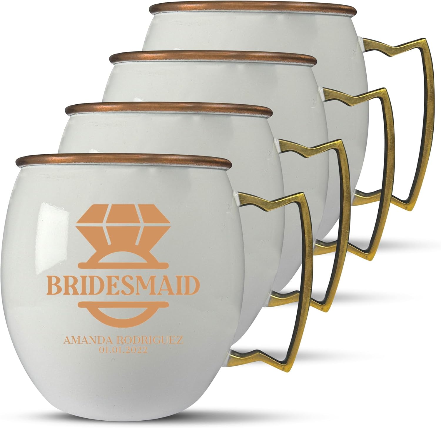Custom Copper Moscow Mule with Hammered Painted Finish - Engraved Bar Style 100% Copper Cup with Personalized Diamond Ring Monogram Wedding Themed Engraving, Brass Handle | 18 oz, Pink | Set of 4