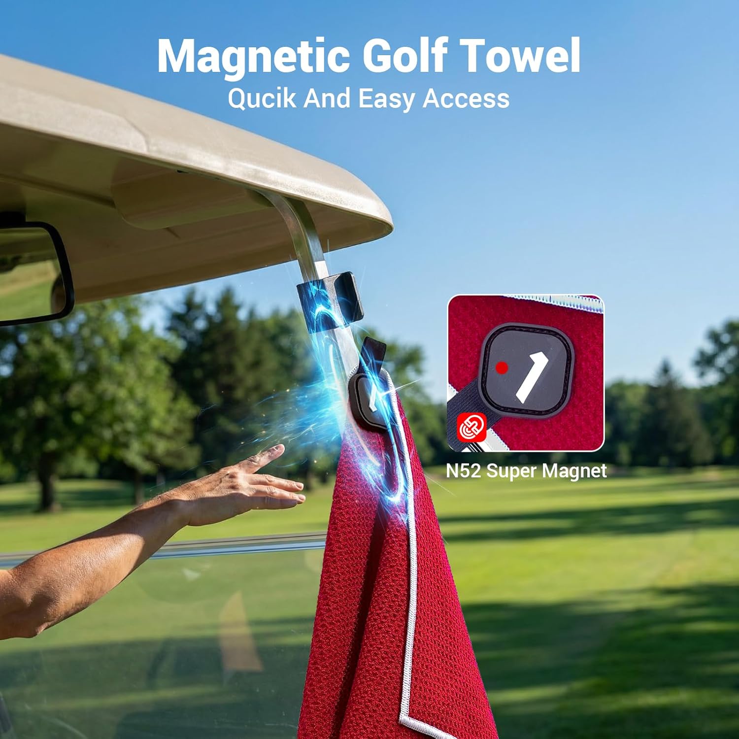 4-in-1 Magnetic Golf Towel with Golf Brush & Cleaning Pocket -3 Stage Cleaning System - Super Strong Golf Club Cleaner- Microfiber Waffle-15.7" X 23.6" Golf Accessories and Gifts for Men Women (RED)