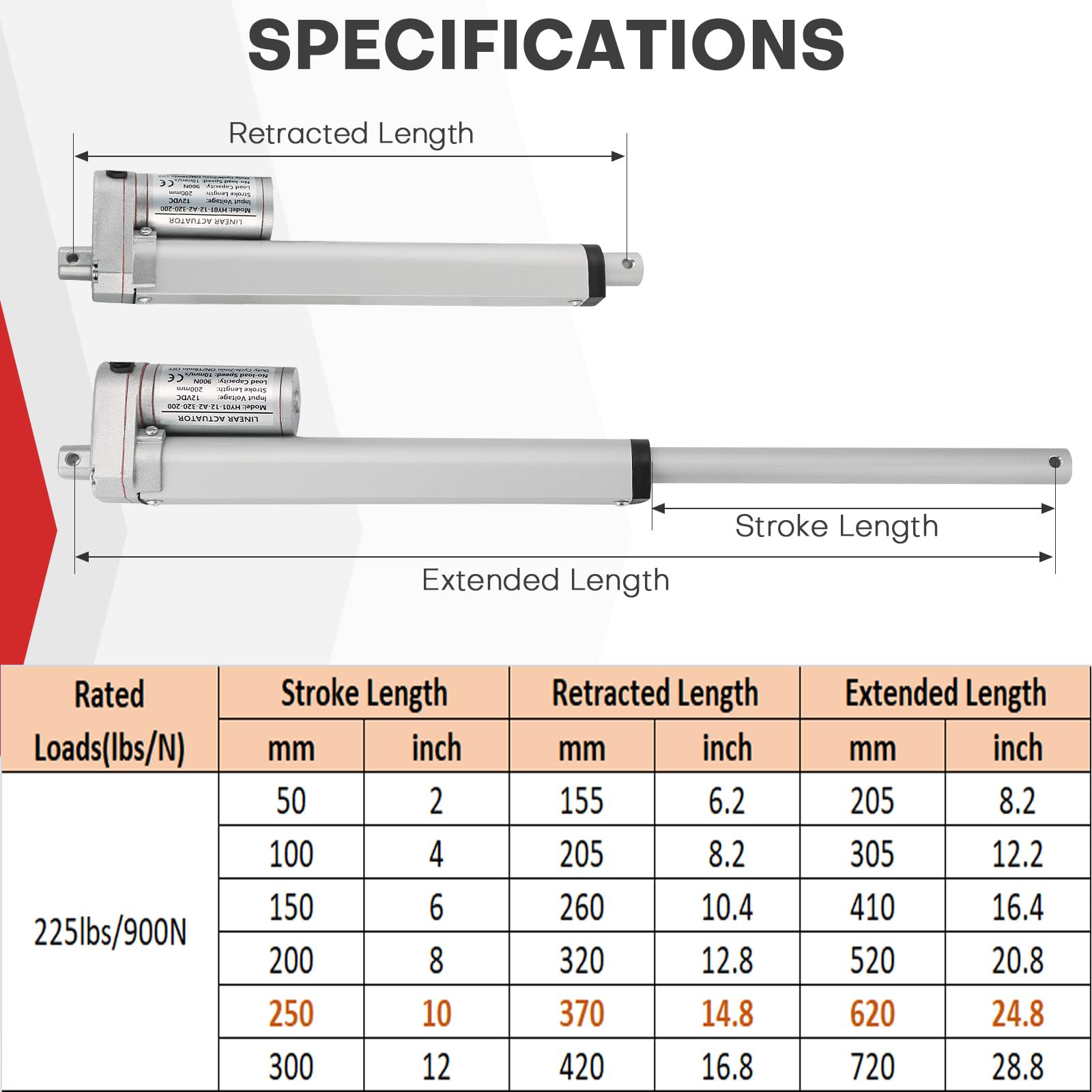 MAOPINER DC12V 10inch Stroke Linear Actuator with Mounting Bracket 900N(202lbs) Maximum Lift 10mm/s for Recliner TV Table Lift Massage Bed Electric Sofa Linear Actuator