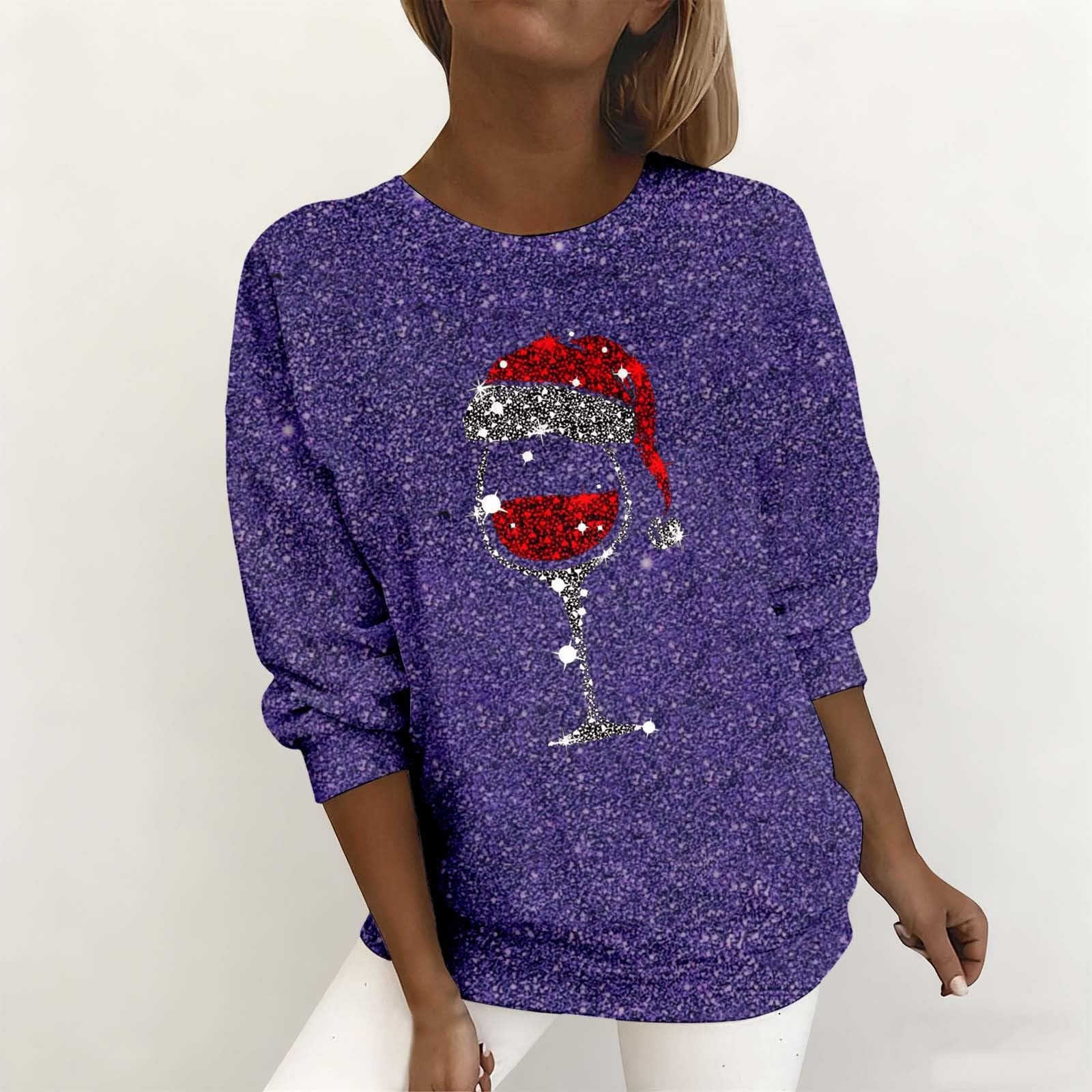 Sudadera de Navidad para mujer, clásica, cuello redondo, túnica, vintage, para vacaciones, copa de vino, estampado deportivo, ropa deportiva joven