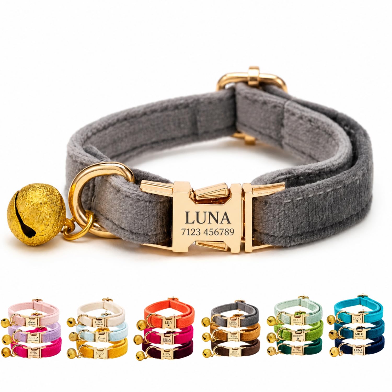 Velvet Personalised Cat Collar with Name & Phone Number Engraving – Adjustable Pet Collar with Metal Buckle & Bell – Soft Kitten ID Tag Collar for Cats Puppy – Gift for Pet Owners UK