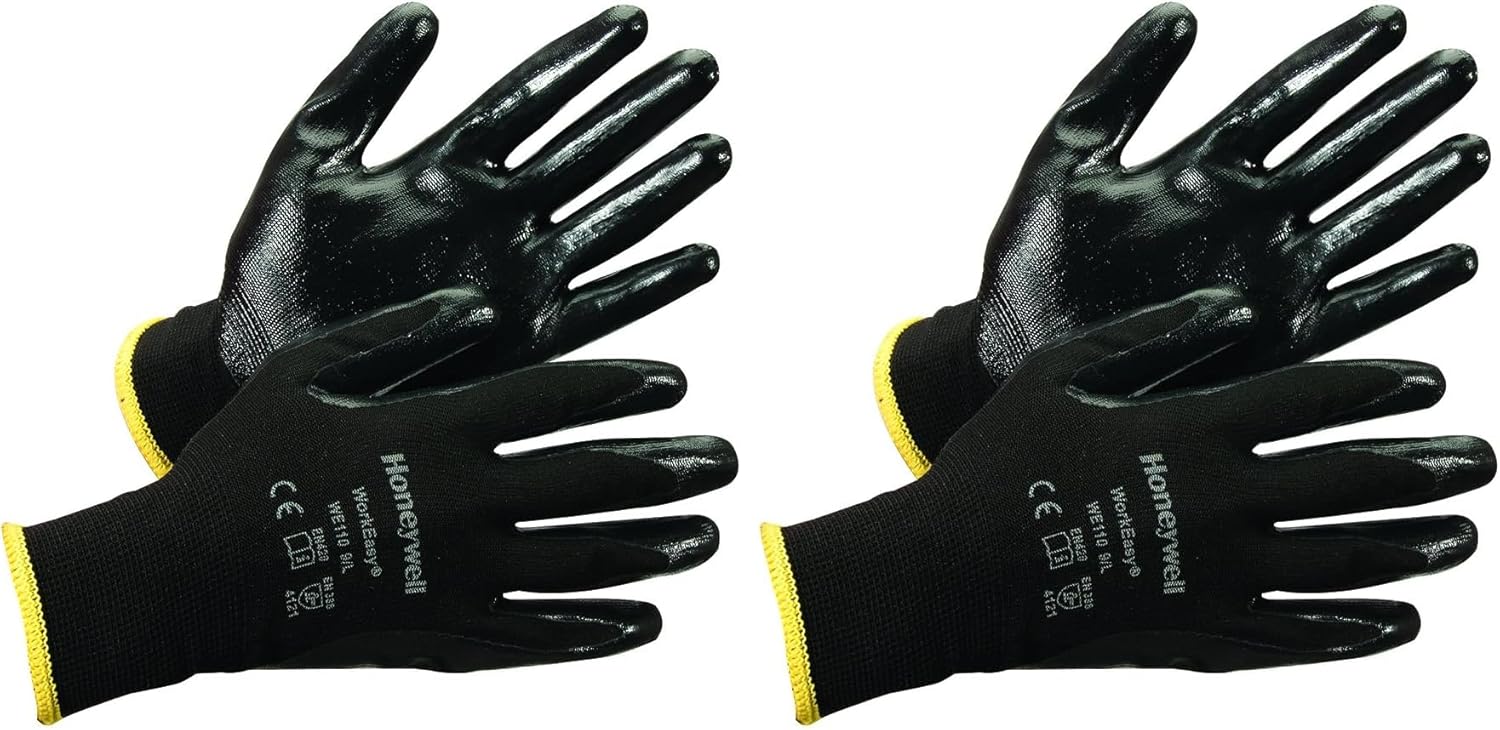 Honeywell Safety Products Retail Workeasy Polyester Nitrile-Coated Lightweight Safety Gloves, 13 gauge, Large (RWS-57040), Black