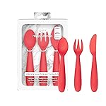 ezpz Happy Utensils - 24 Months+ (Coral) - BPA Free Toddler Utensils - Fork, Spoon and Knife for Toddlers and Preschoolers - For Self-Feeding Development