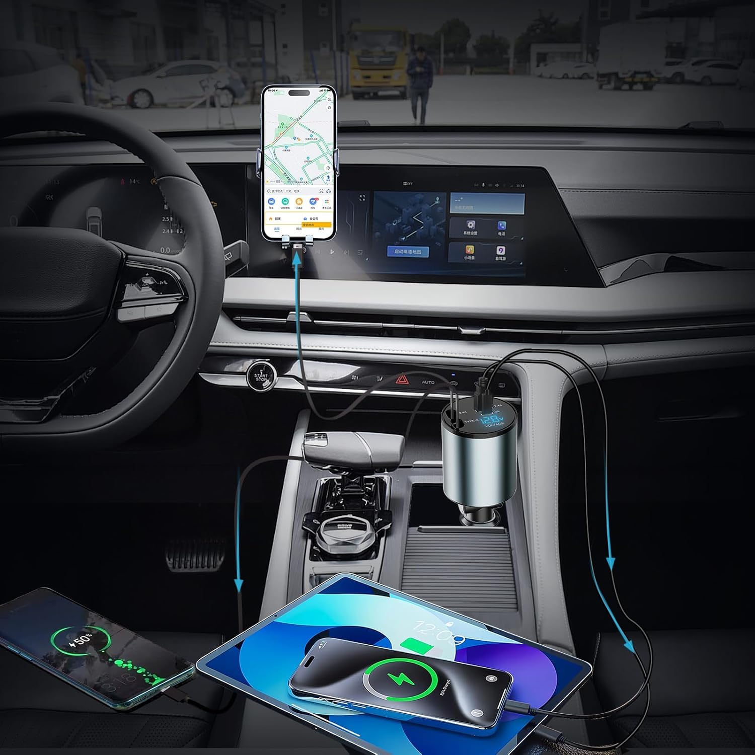 Caricabatteria da auto per accendisigari USB C 4 in 1 56W - Caricabatterie per auto con 2 cavi retraibili (Tipo C, Lightning), adattatore USB per accendisigari con visualizzazione tensione, rotazione