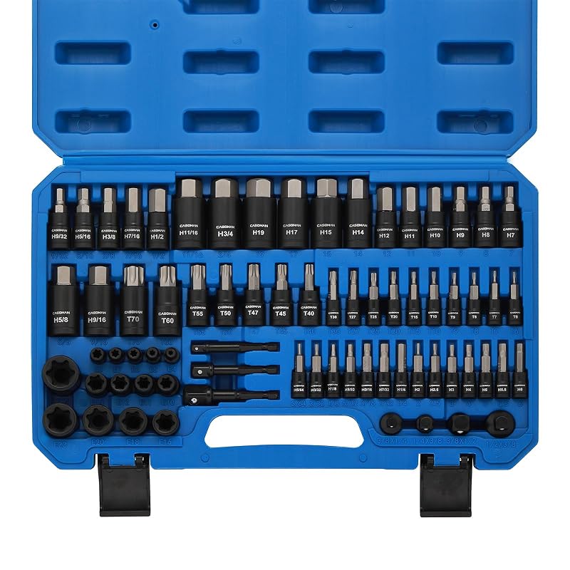 Jogo de Soquetes com Bits Hexagonais e Torx CASOMAN CS490, 71 Peças, Encaixes de 6,35 mm, 9,5 mm e 12,7 mm, Métrico e SAE, com Estojo