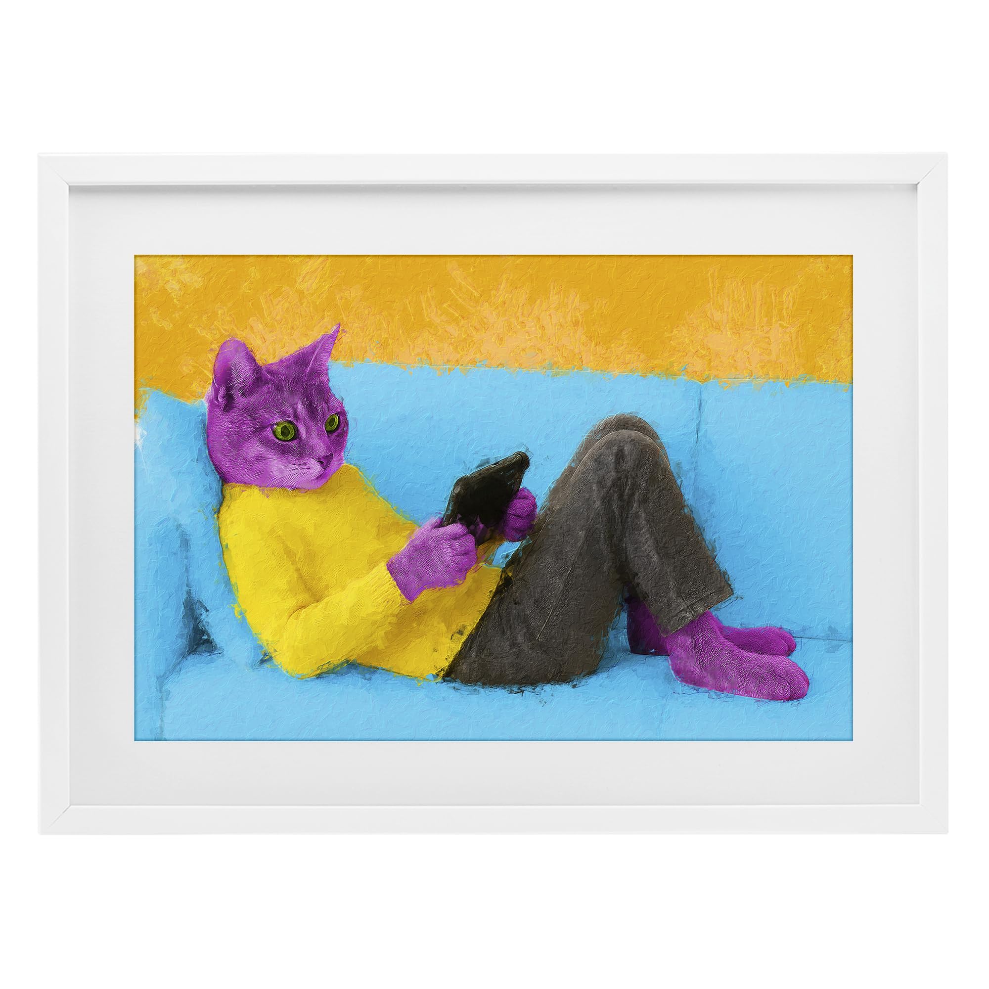 Stupell Industries Coastal White (Textured) 'Vibrant Cat Playing Game', Framed Print Under Glass, White, 20 X 14 Inches, Easy To Hang And Sturdy, Made In Usa, By Sean Parnell
