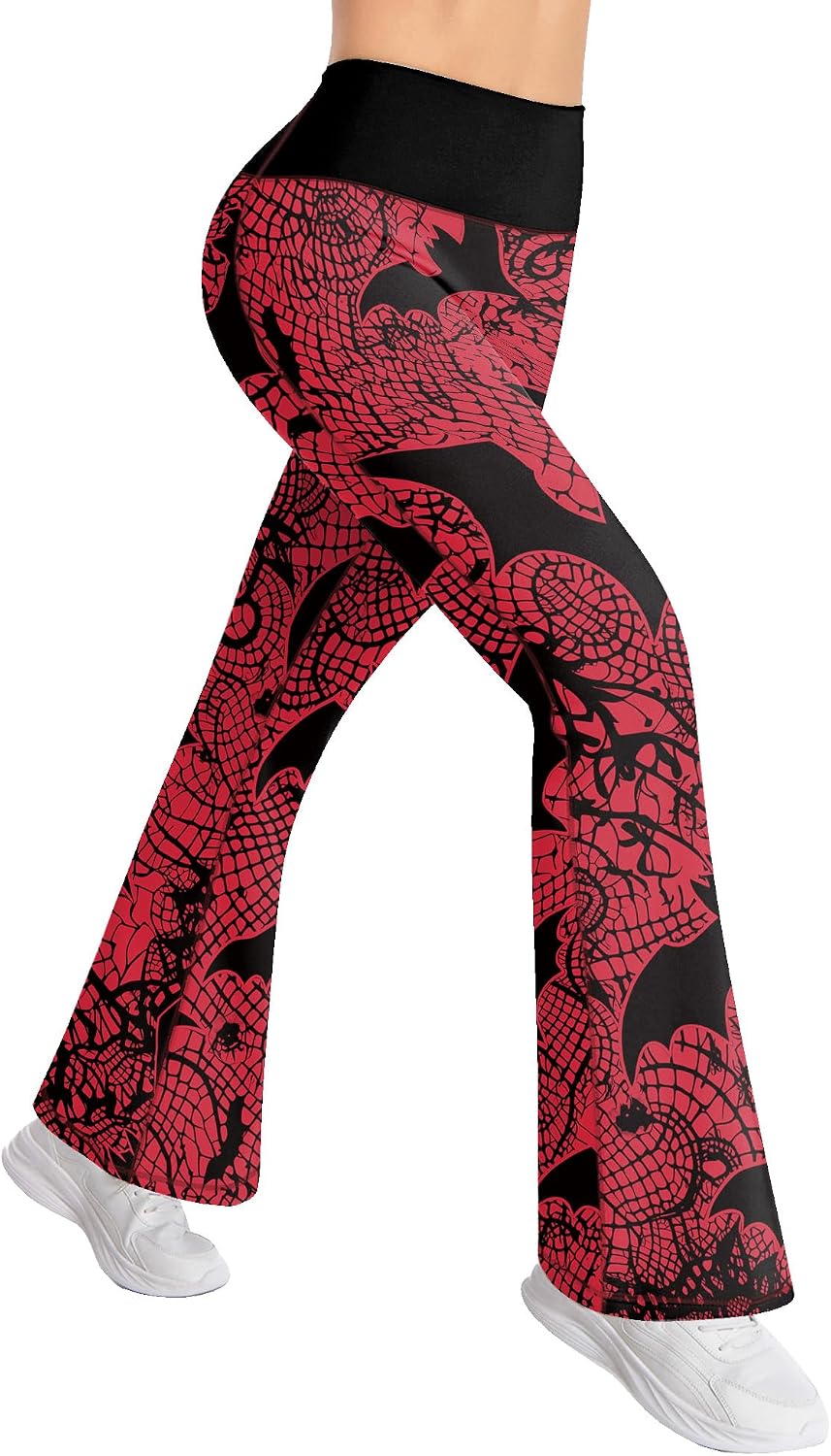 Women's Halloween High Waist Flare Leggings Bat Print Bell Bottom Yoga Pant