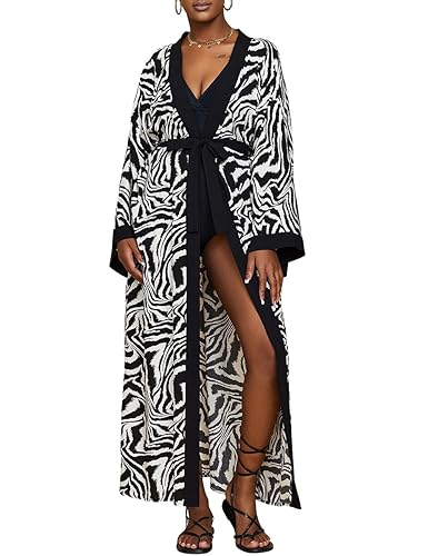 Bsubseach Damen Lange Strand Strandponcho für Bademode Sexy Bikini Beach Kimono Strickjacke - Zebramuster