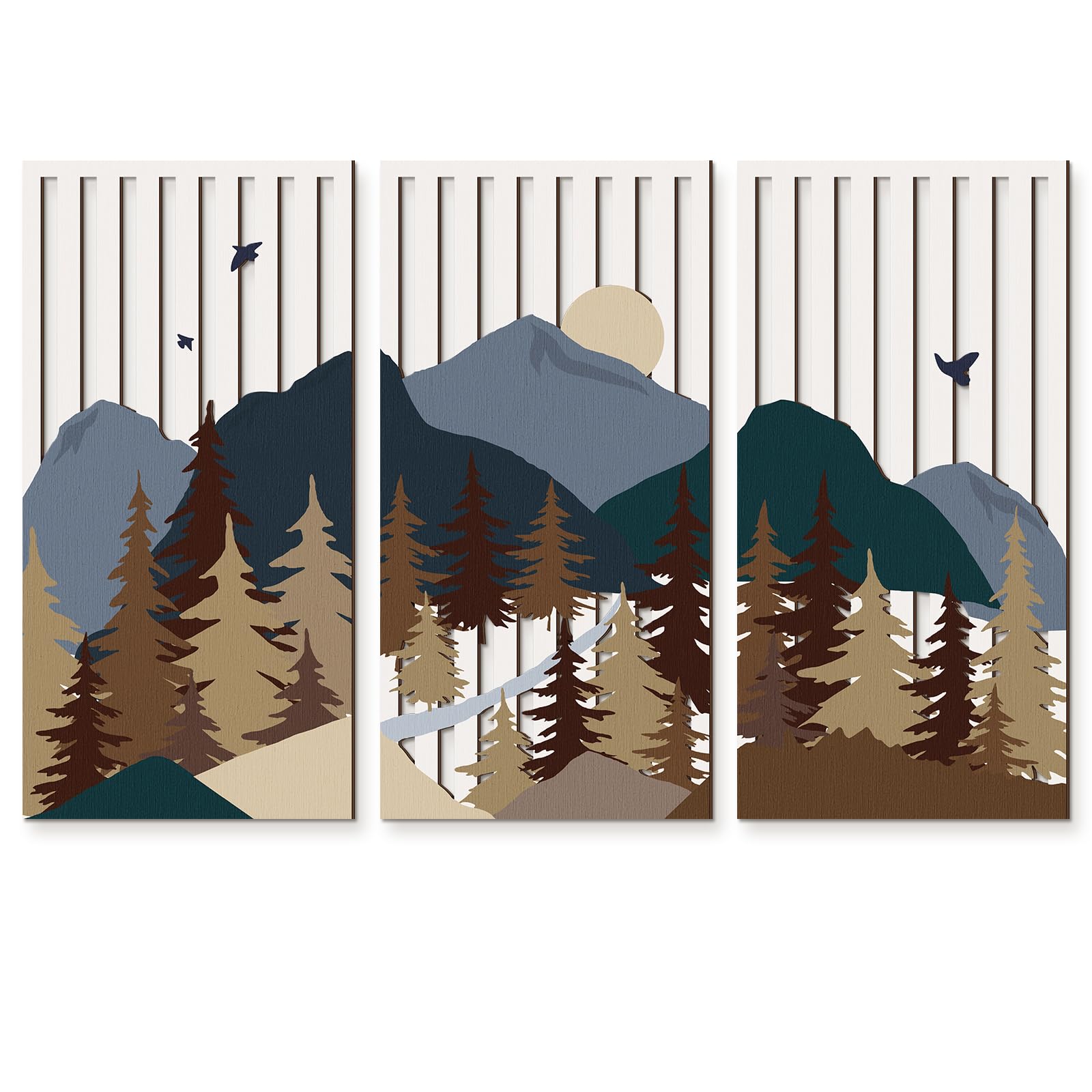 Suzile 3 Pcs Wall Sculptures Wooden Wall Decor Boho Geometric Line Hollow Wall Decor Mid Century Modern Decor Minimalist Geometric Art for Living Room Bathroom Bedroom Office Kitchen (Forest)