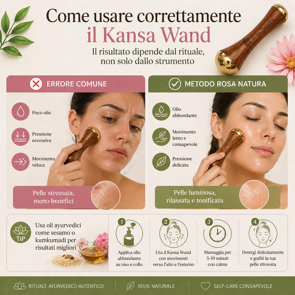Kansa Wand Rosa Natura – Massaggiatore Viso Ayurvedico, Doppia Testa Bronzo e Teak, Effetto Lifting Naturale, Anti-Età, Pelle Luminosa e Distesa, Massaggio Viso e Collo
