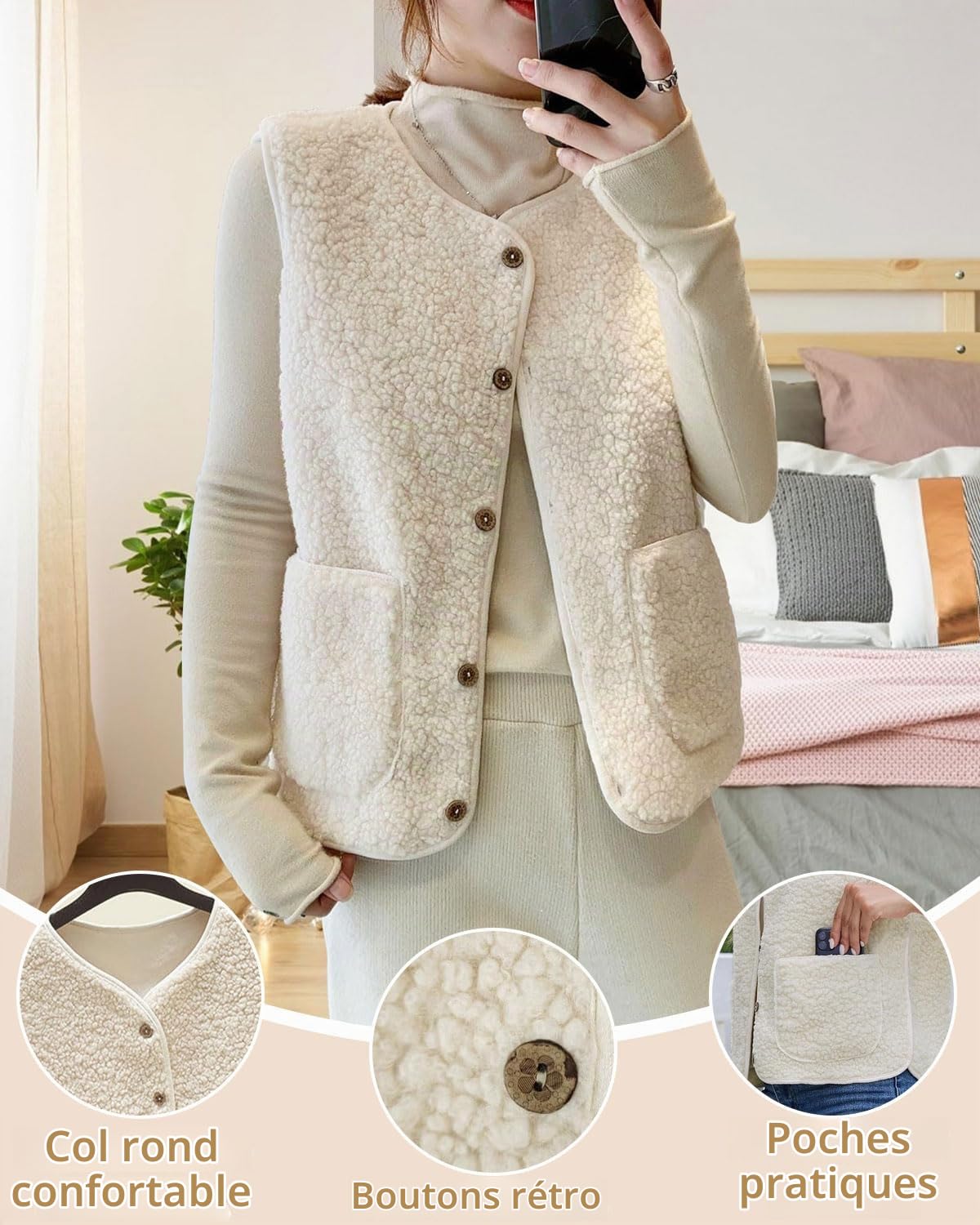 1 gilet en polaire pour femme, gilet sans manches léger et chaud pour l'automne/hiver, veste en fourrure légère pour femme, couleur unie, col en V, avec poches, blanc cassé, taille L