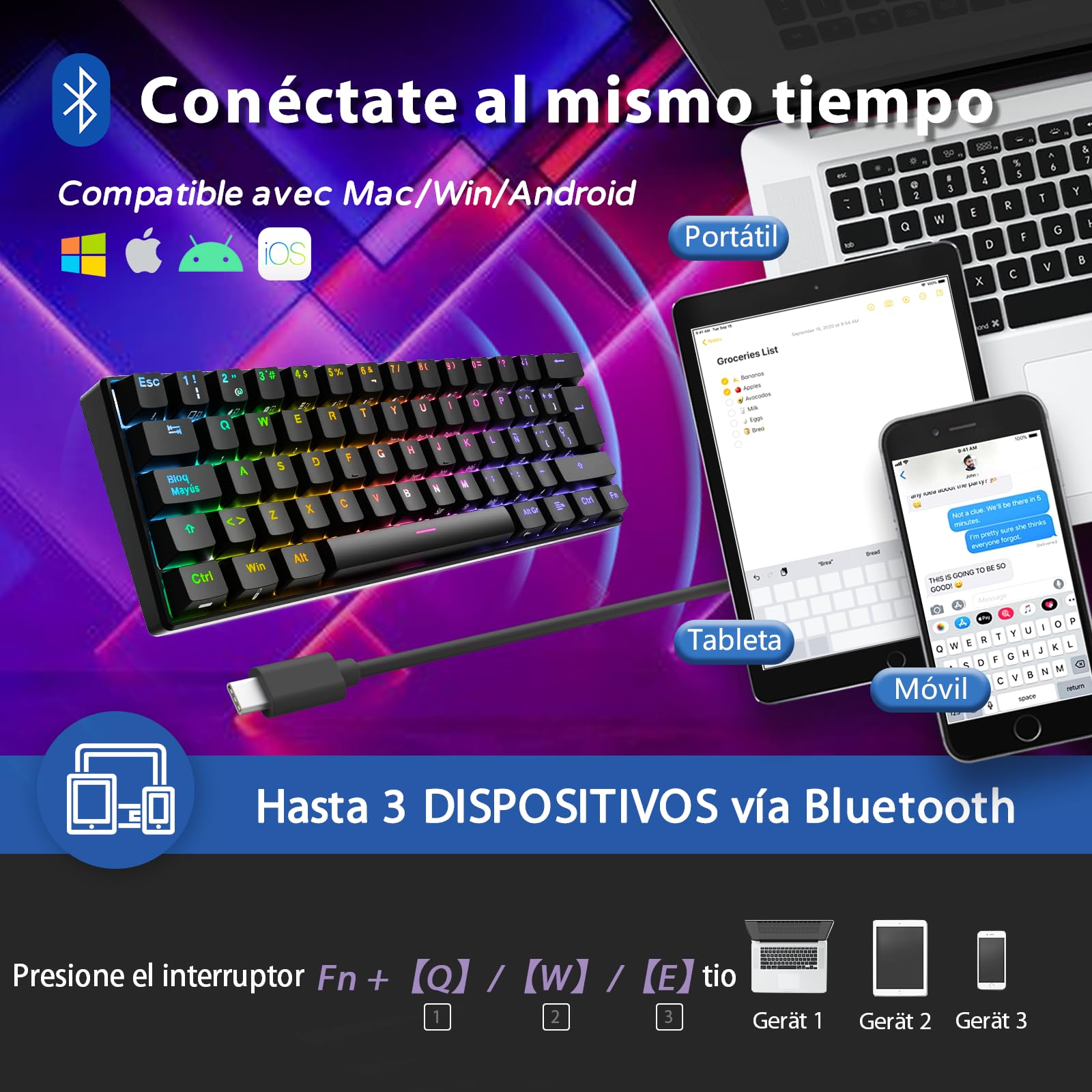 RK ROYAL KLUDGE RK61 Teclado Inalambrico, Español Teclado Mecánico Gaming 60% RGB Bluetooth/USB-C/2.4Ghz Interruptor Rojo Hot Swap Compatible con MacBook/iPad/iOS/Mac OX/Windows PC Tableta, Negro