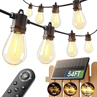addlon 54FT(48+6) Solar String Lights Outdoor Waterproof with USB Charging & Remote Control - Dimmable Solar Power Patio Lights with LED Bulbs for Porch, Garden, Yard, Market, Bistro - Last for 20+Hrs