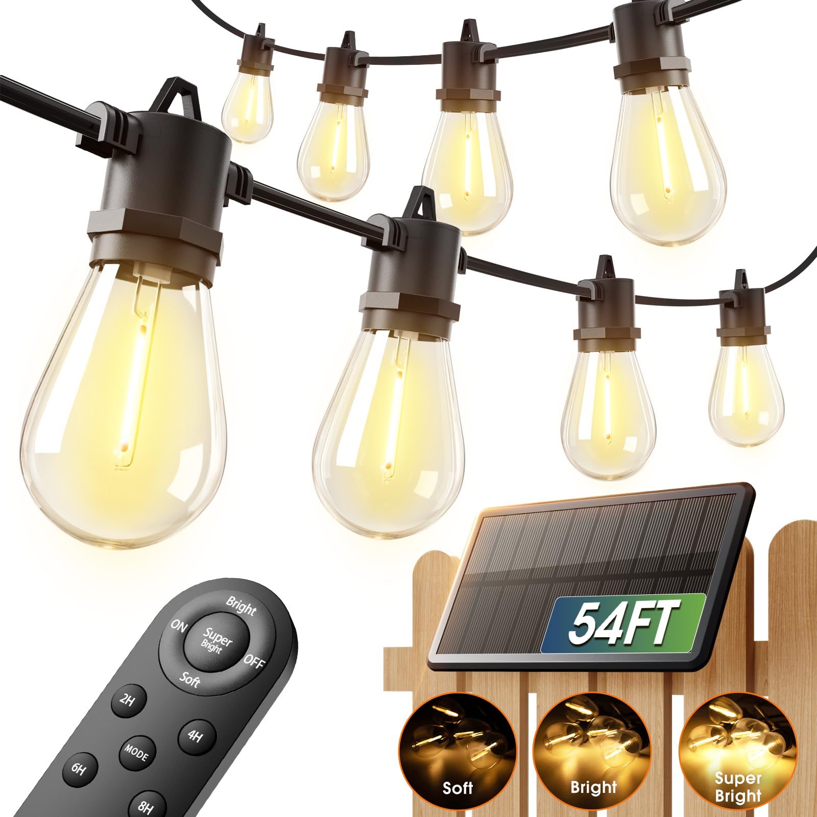 addlon 54FT(48+6) Solar String Lights Outdoor Waterproof with USB Charging & Remote Control - Dimmable Solar Power Patio Lights with LED Bulbs for Porch, Garden, Yard, Market, Bistro - Last for 20+Hrs