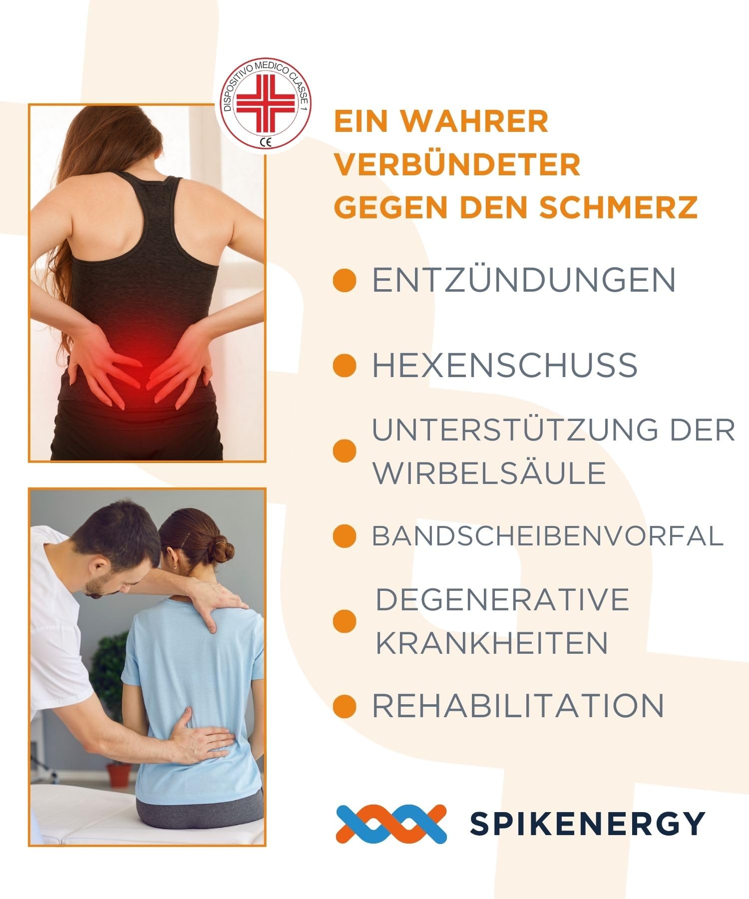 Spikenergy Rückenstützgürtel Damen, Herren, Elektromagnetische Therapie - H 32 cm Rückenbandage für Rückenschmerzen, Rückengurt, Medizinischer Selbstbehalt, Made in Italy