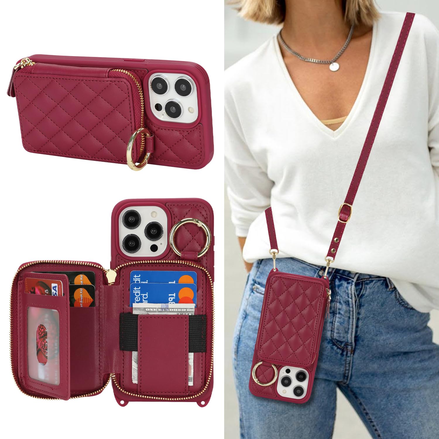 Crossbody Wallet Case for iPhone 12 Pro Max-Dark red