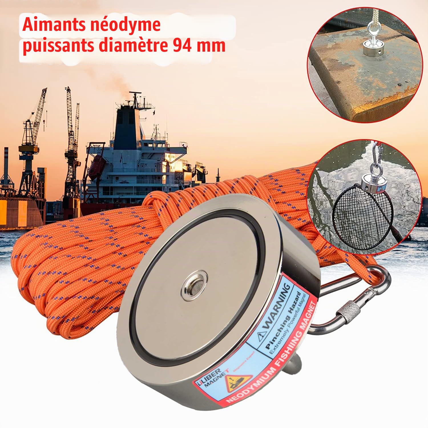 ULIBERMAGNET Aimants de pêche double face super puissants, combinés 700 kg N52 Kit de pêche aimant néodyme avec corde, griffe, gants, pour la pêche magnétique et la chasse au trésor sous l'eau