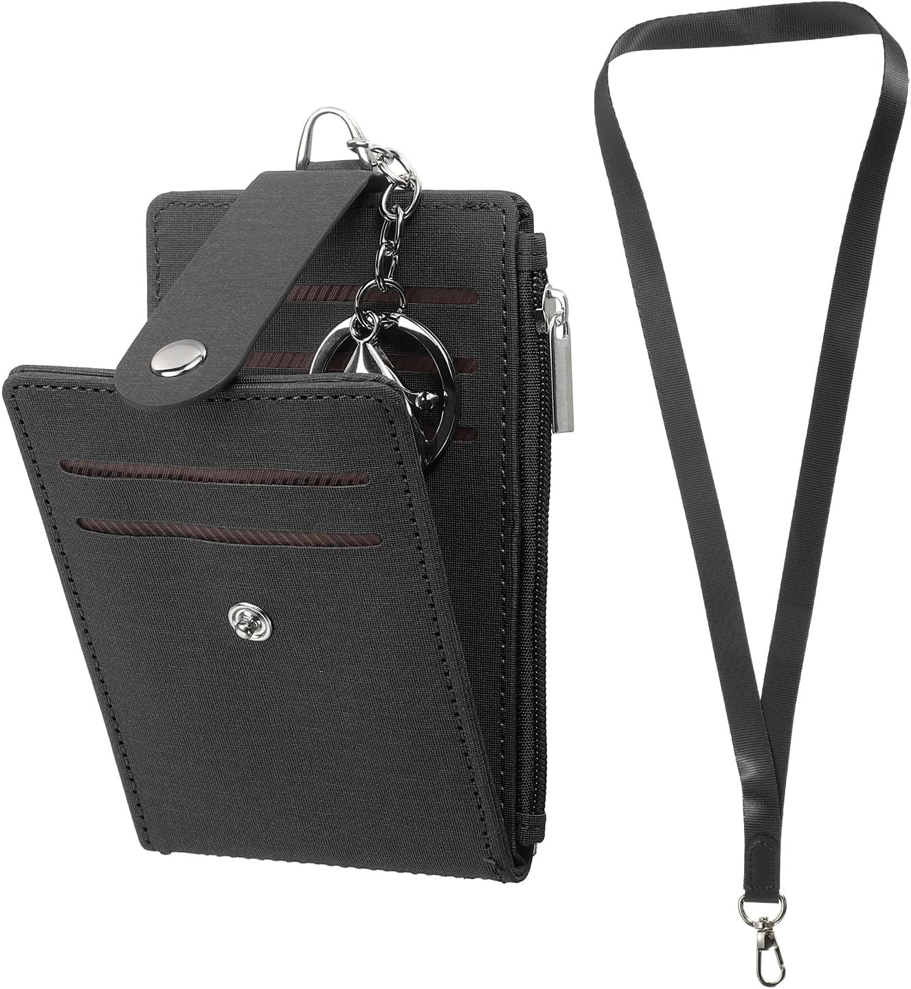 Porta carte di credito piccolo Porta carte d’ identità Cordino in pelle PU per slot per carte da ufficio Tasca con cerniera per finestra ID, Nero, Per l’uso