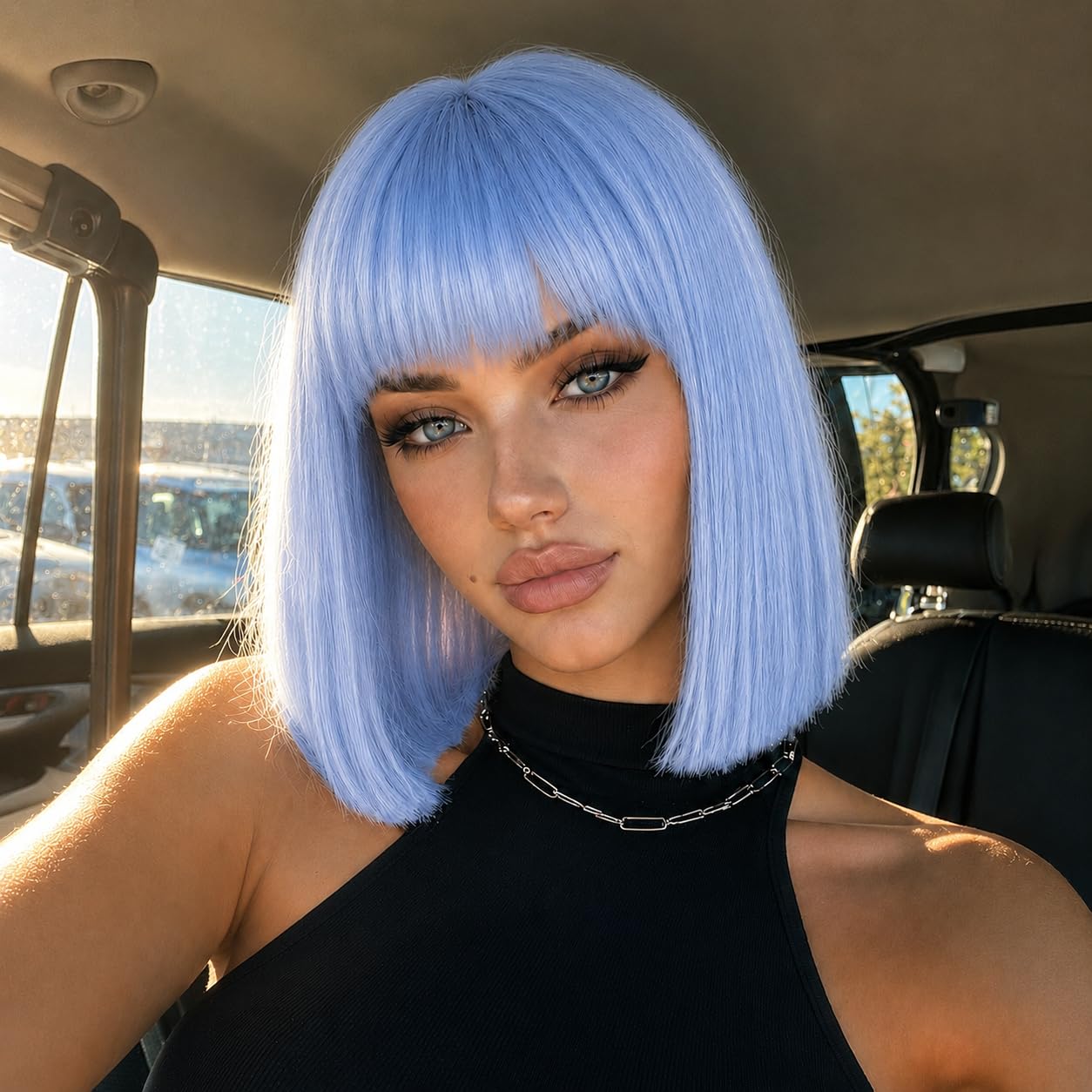 Photo 1 of SUKRI Light Blue Bob Wig with Bangs - 12 Inch