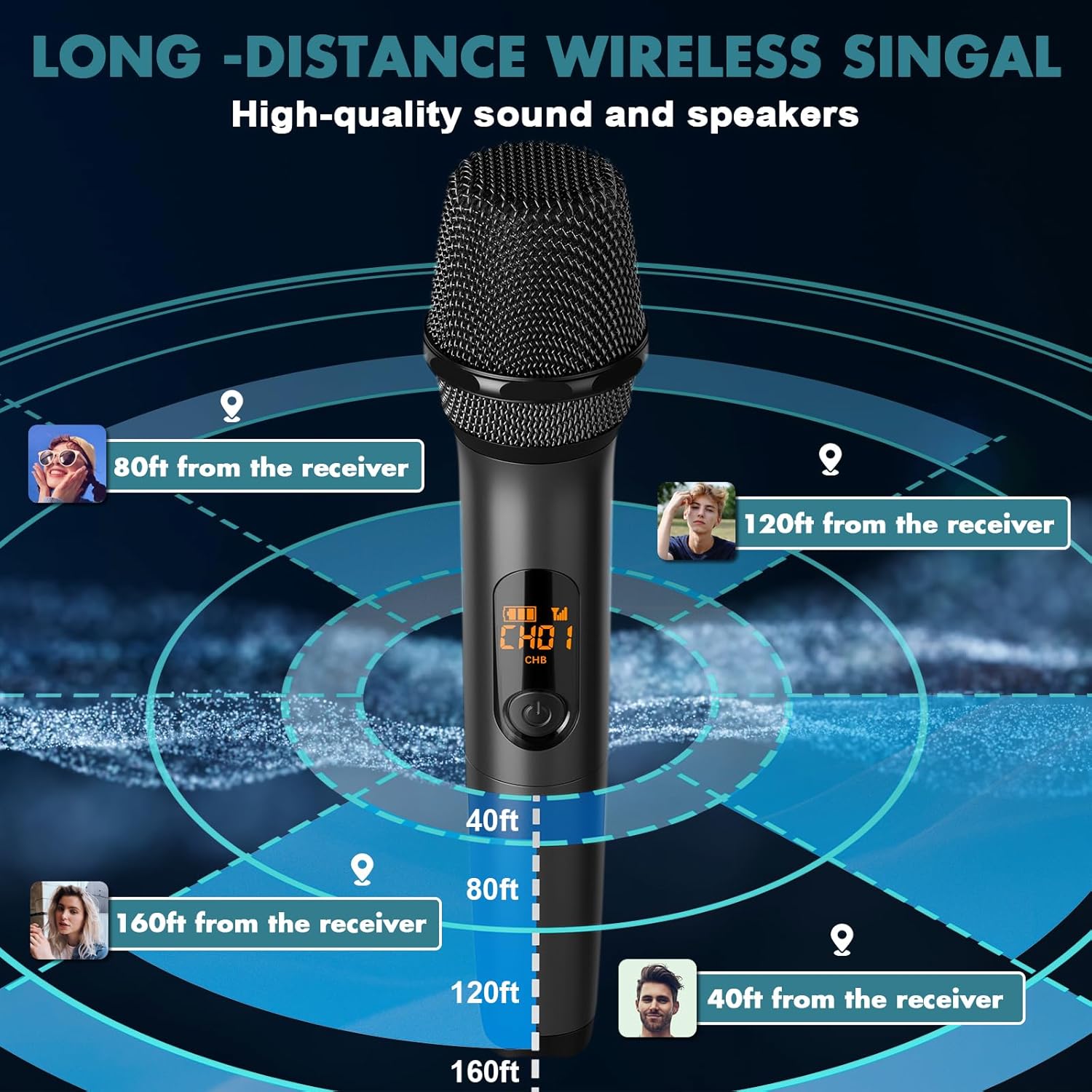 Wireless Two Microphone System with Dual-Channel Receiver, Professional UHF Metal Dual Handheld Cordless Dynamic Mic, 160 ft Range, Microphone for Karaoke, Party Singing, Lecture, DJ, Wedding