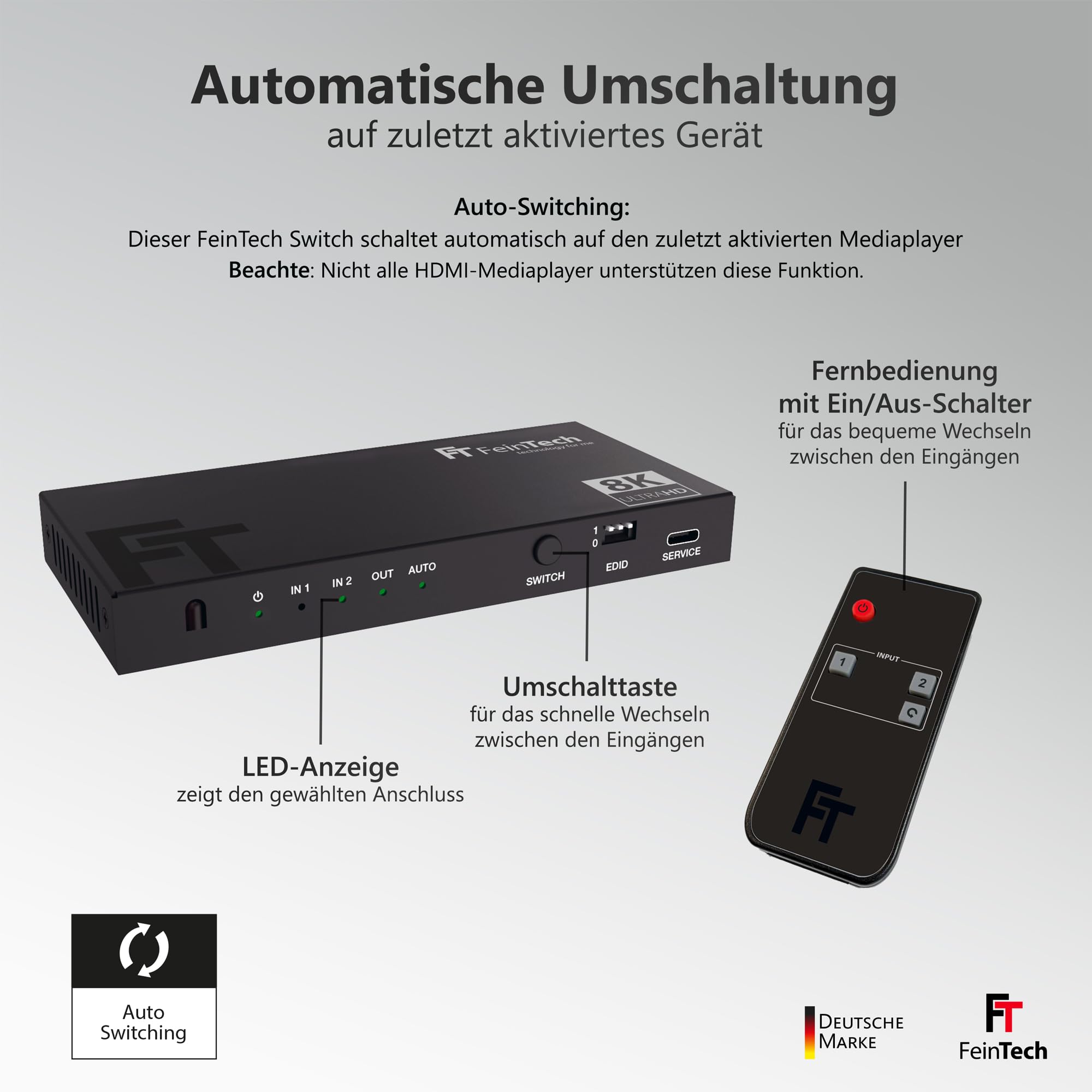 FeinTech SW212 HDMI 2.1 Switch 2 In 1 Out mit HDMI Audio Extractor 4K 120Hz und automatischer Umschaltung, 8K 60Hz, VRR, ALLM, Audio Splitter auf Optical SPDIF Toslink und 3,5 Klinke