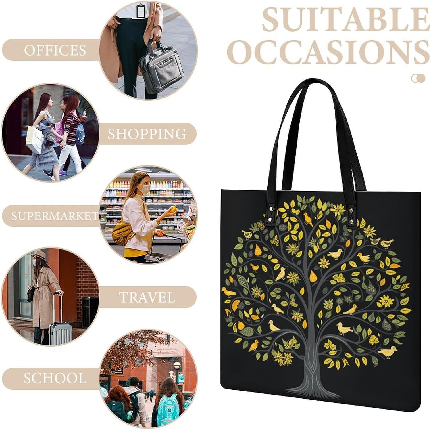 Bright Yellow Tree Handbags Large Capacity, Tote Bag Stylish Slouchy, Shoulder Bags for Work Beach Travel And Shopping Grocery.
