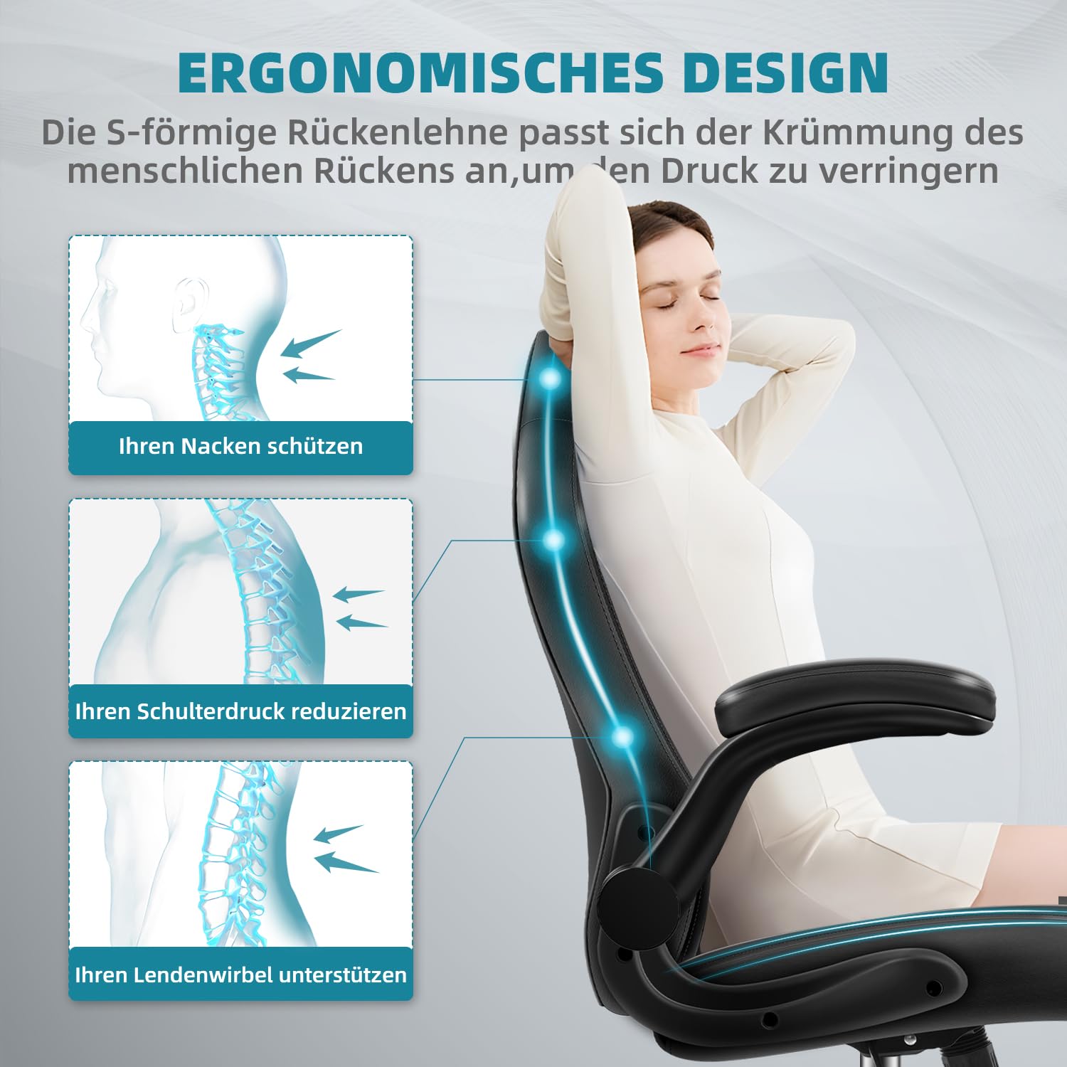 Chefsessel, Bürostuhl mit Klappbare Armlehnen, Schreibtischstuhl, Gaming Stuhl, Bürostuhl Ergonomisch,Bürostühle,Office Chair,135°neigbar,Bürostuhl 150 kg,Chefsessel Bürostuhl,Bürostuhl Leder