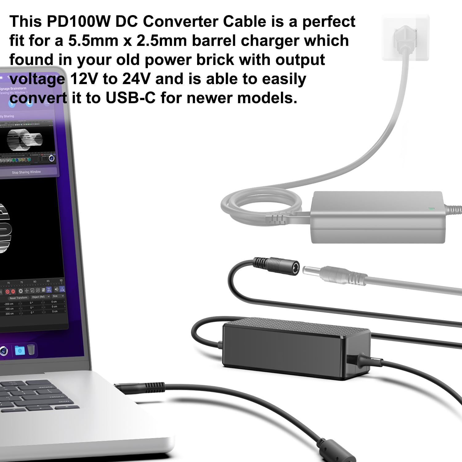 HKY PD100W DC5525 to USB-C Charging Cable DC5.5mmx2.5mm Round Female to Type-C Charger Power Adapter Cable for Laptop Tablet Phone Porable Power Station & All USB-C Connector Device