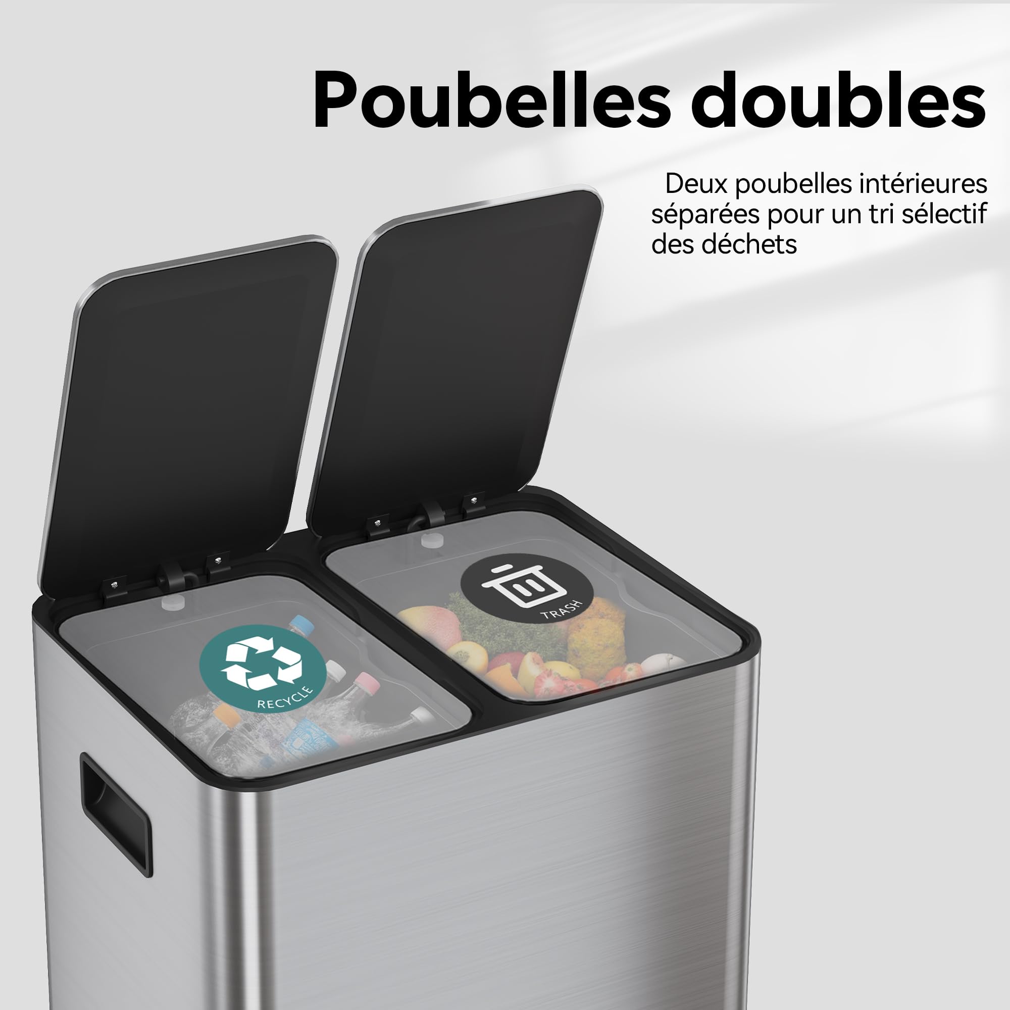 WLIVE Poubelle de Cuisine 30L avec 2 compartiments, Bac de Tri Sélectif, Acier Inoxydable, Pédale Mains Libres, Anti-Odeurs, Design Compact, Gris