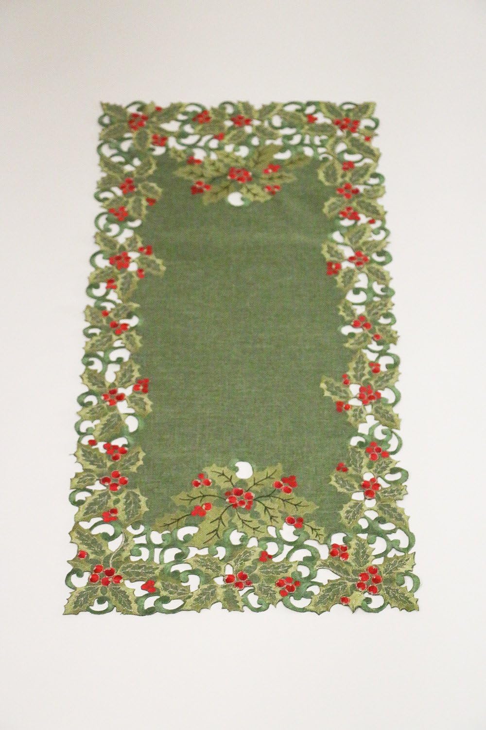 Embroidered Holly Berry Linen Look Christmas Table Runner Gift Centerpiece – 36” Cutwork Home Decor - Holiday Parties, Entertainment