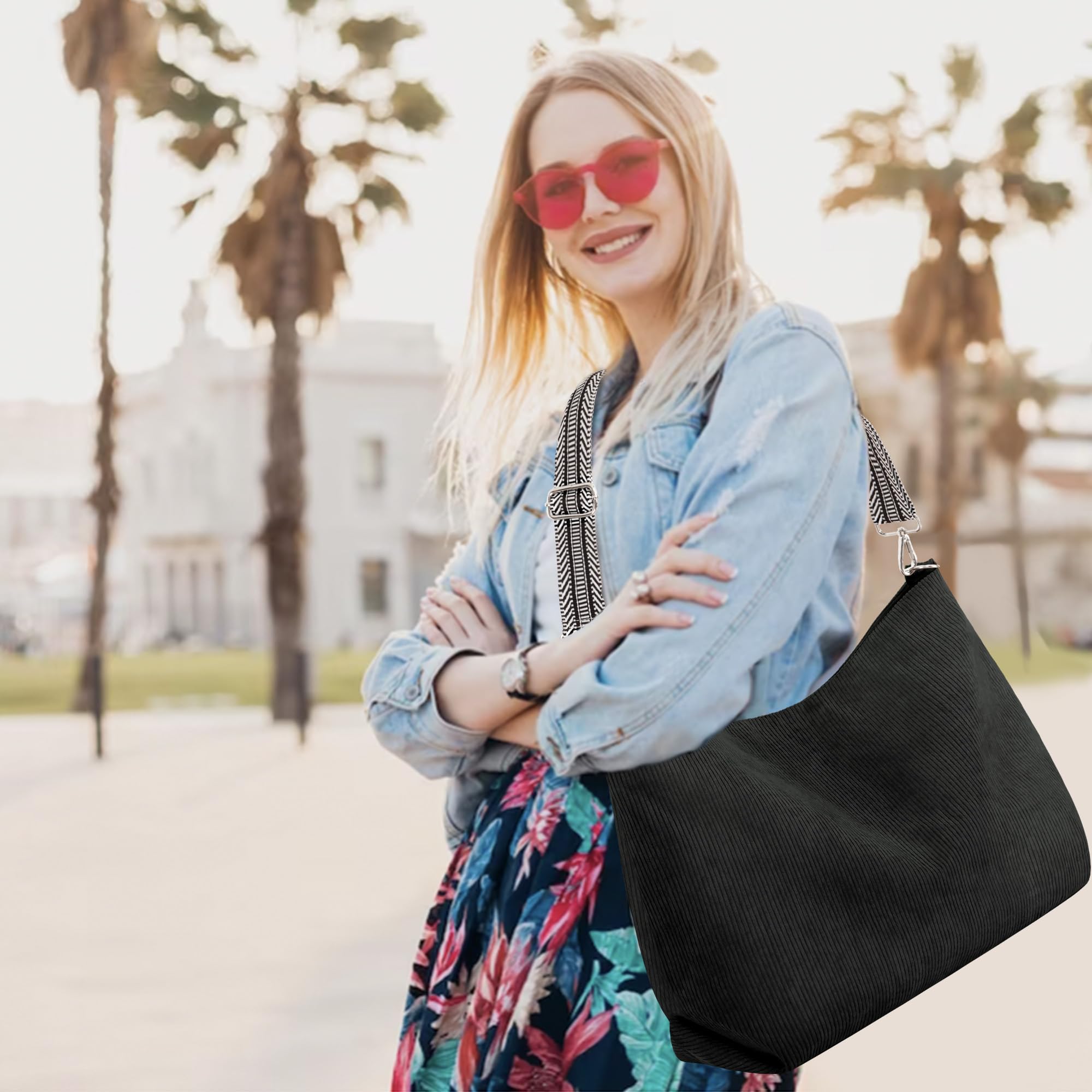 Prite Sac à Main Femme en Velours Côtelé avec Bandoulière Ajustable | Sac Épaule, Cabas, Sac Bandoulière, Grande Capacité, Multi-Poches, Léger, Doux, Lavable, Travail, Shopping, Voyage