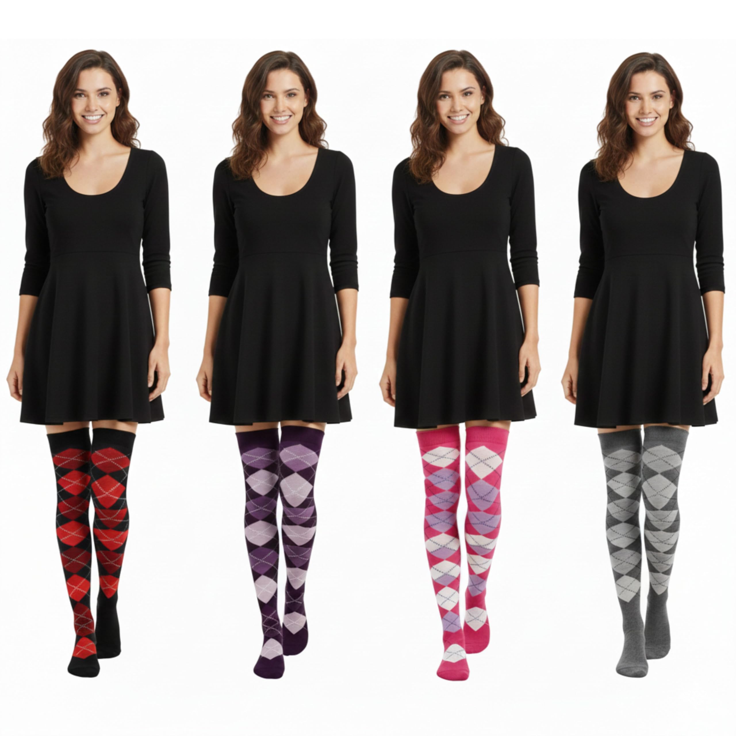 ShopMCR Assorted Color Argyle Over Knee Socks (5 Pairs) UK 4-6 | Multi-Color Diamond Pattern Thigh Highs | Best Value Gift Set (4-6, 4P, Assorted)