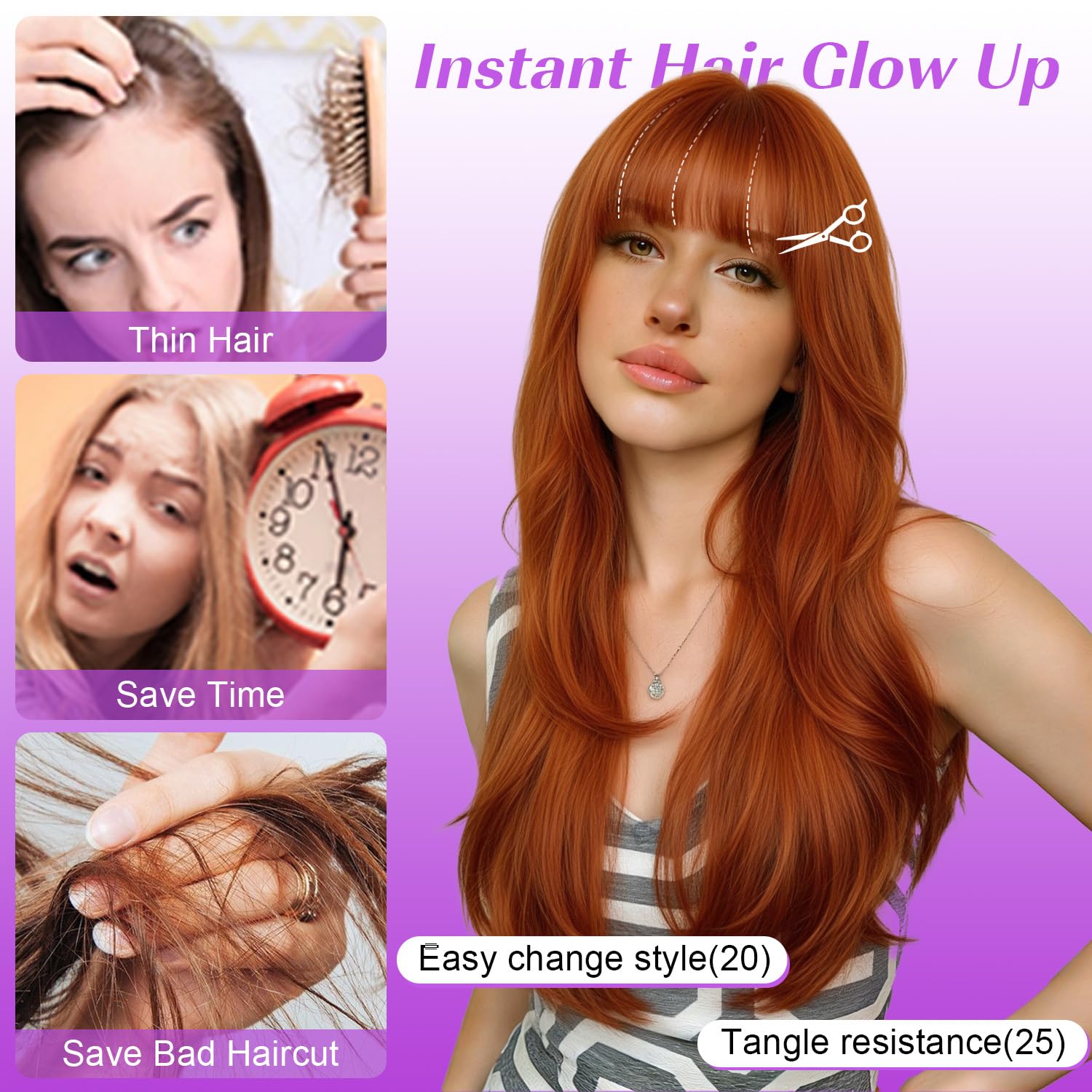 Long Layered Wig with Bangs for Women Synthetic Heat Resistant Realistic Scalp Free Parting Bang Wigs for Daily and Party Use(Ginger, 26 Inch)