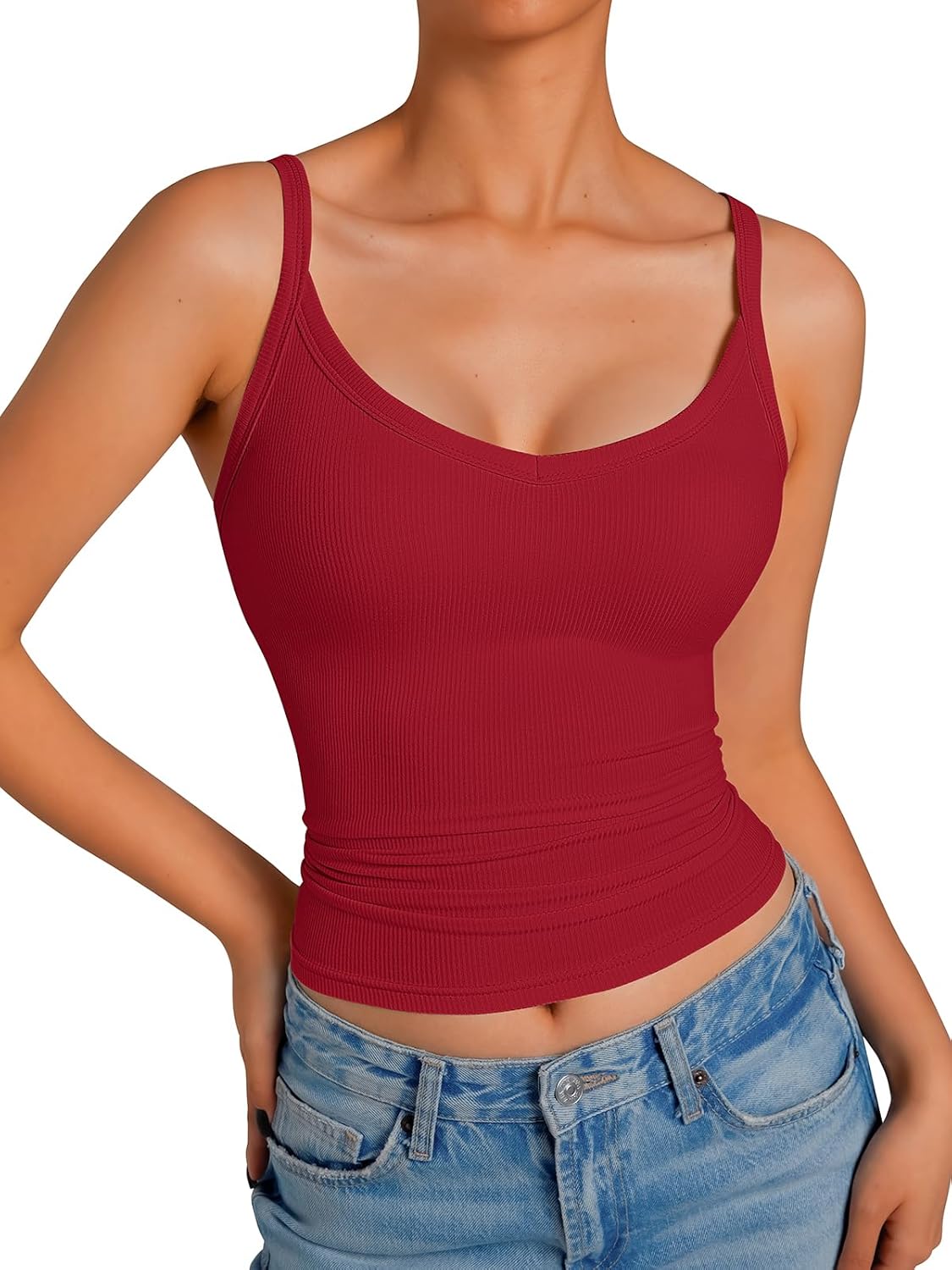 Tank Tops for Women Spaghetti Strap Ribbed Camisole Tops 2026 Slim Fitted V-Neck Soft Basic Layering Shirts Red XL - Image 3