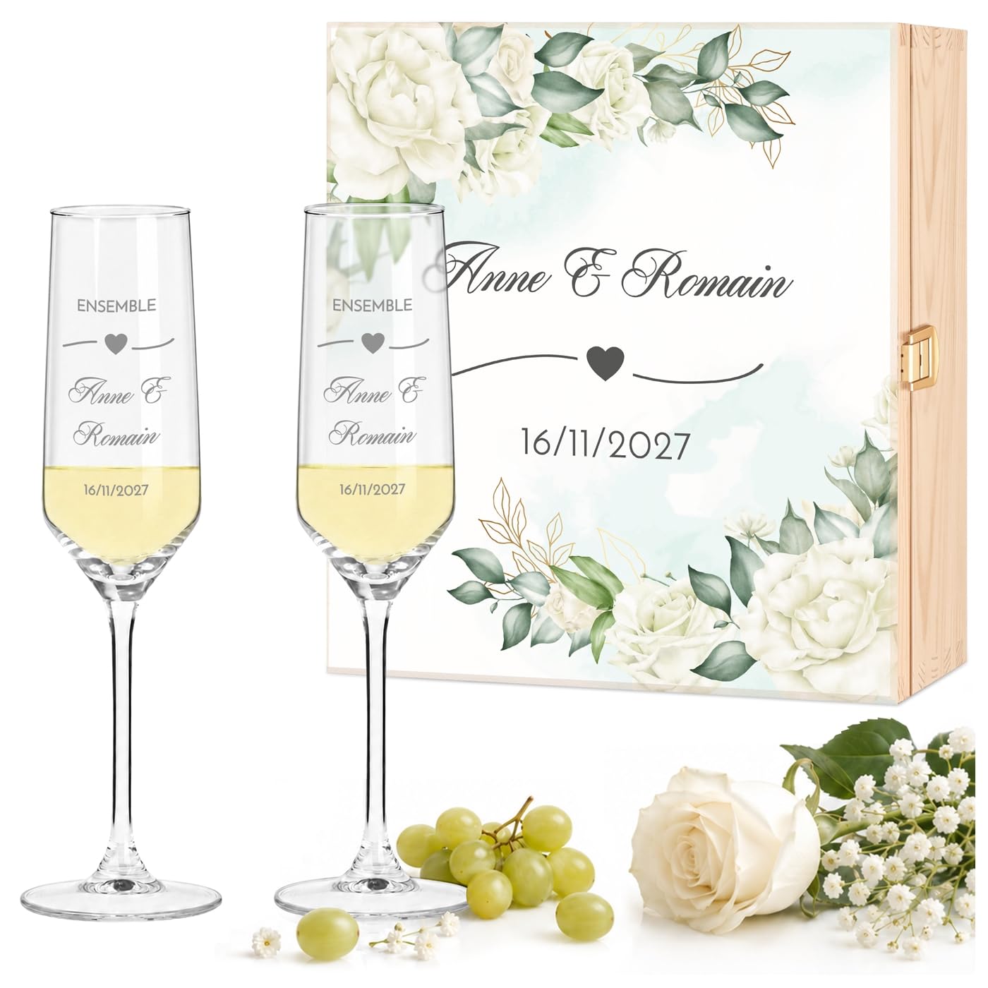 Maverton Flûtes à Champagne 200ml avec Boite Personnalisable – 2x Flute Champagne Verre Personnalisé avec Coffret en bois - Cadeau Couple Personnalisé - Cadeau Mariage Original - style bohème