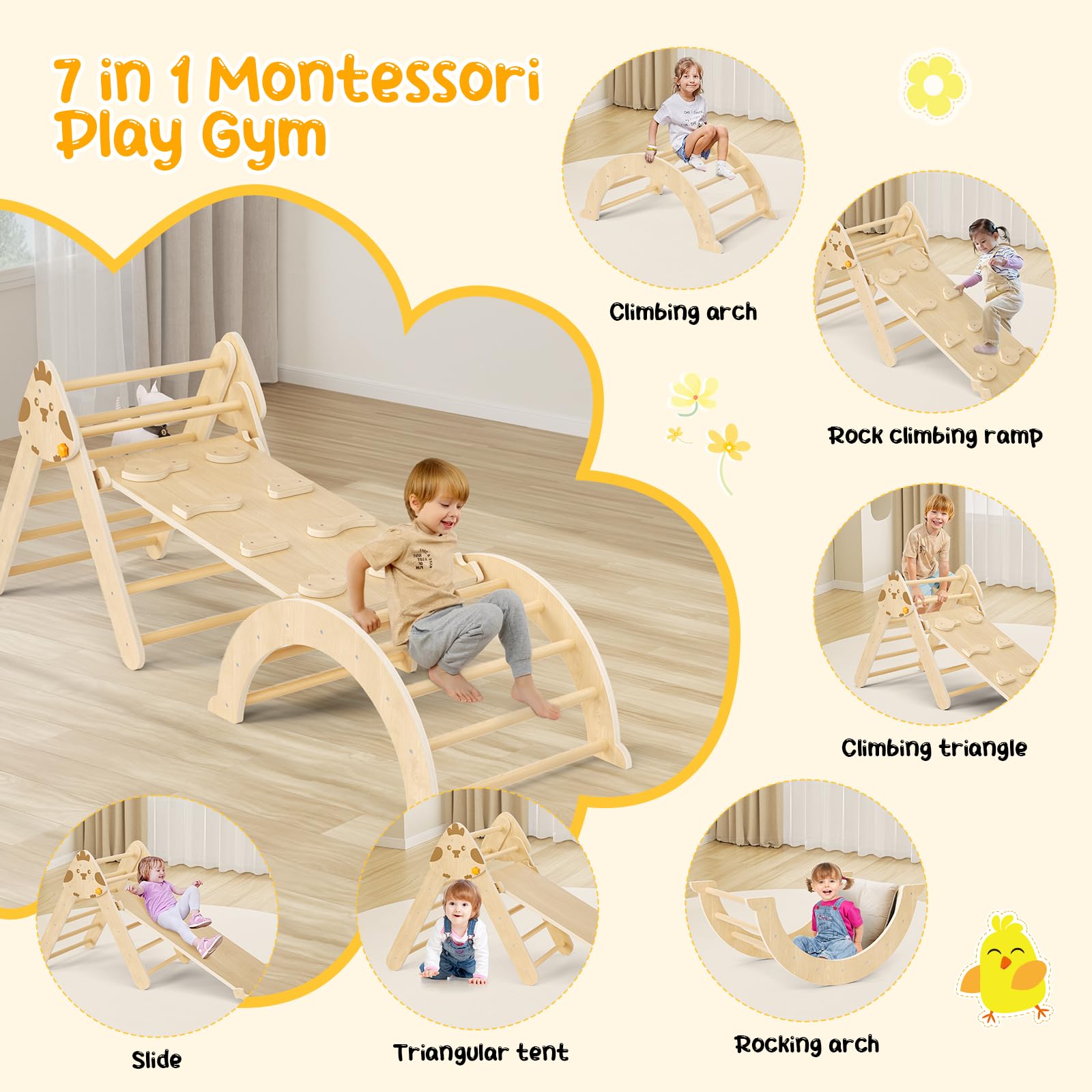 7-in-1 Montessori Klettergerüst Set Indoor Spielset mit Bogen, Rampe und Kletterdreieck, Holz-Dreieckset für Baby-Innenspielplatz für Kinder, Spielplatz-Klettertoys für Kleinkinder (Holzfarbe)