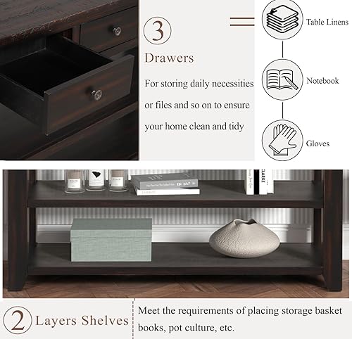Miniatura 11 de Mesa consola de madera maciza de 48 pulgadas, mesa de sofá de madera de pino con cajones de almacenamiento y estantes, mesa de entrada retro para