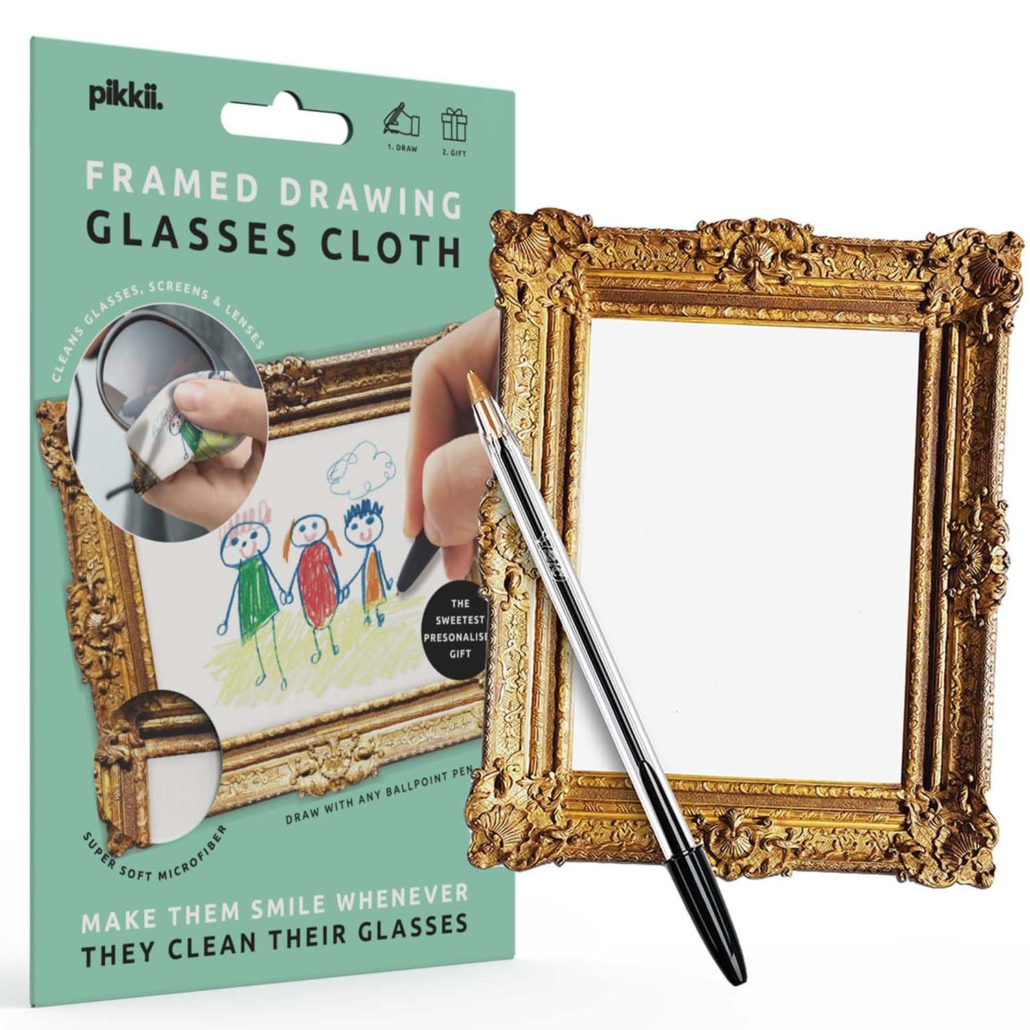 Pikkii Framed Drawing Custom Microfibre Cloth | Personalised Gift Glasses Wipe for Screens, Specs & Lenses 15 x 12 cm | Kids Drawing Gift, Gifts for Her & Gifts for Him