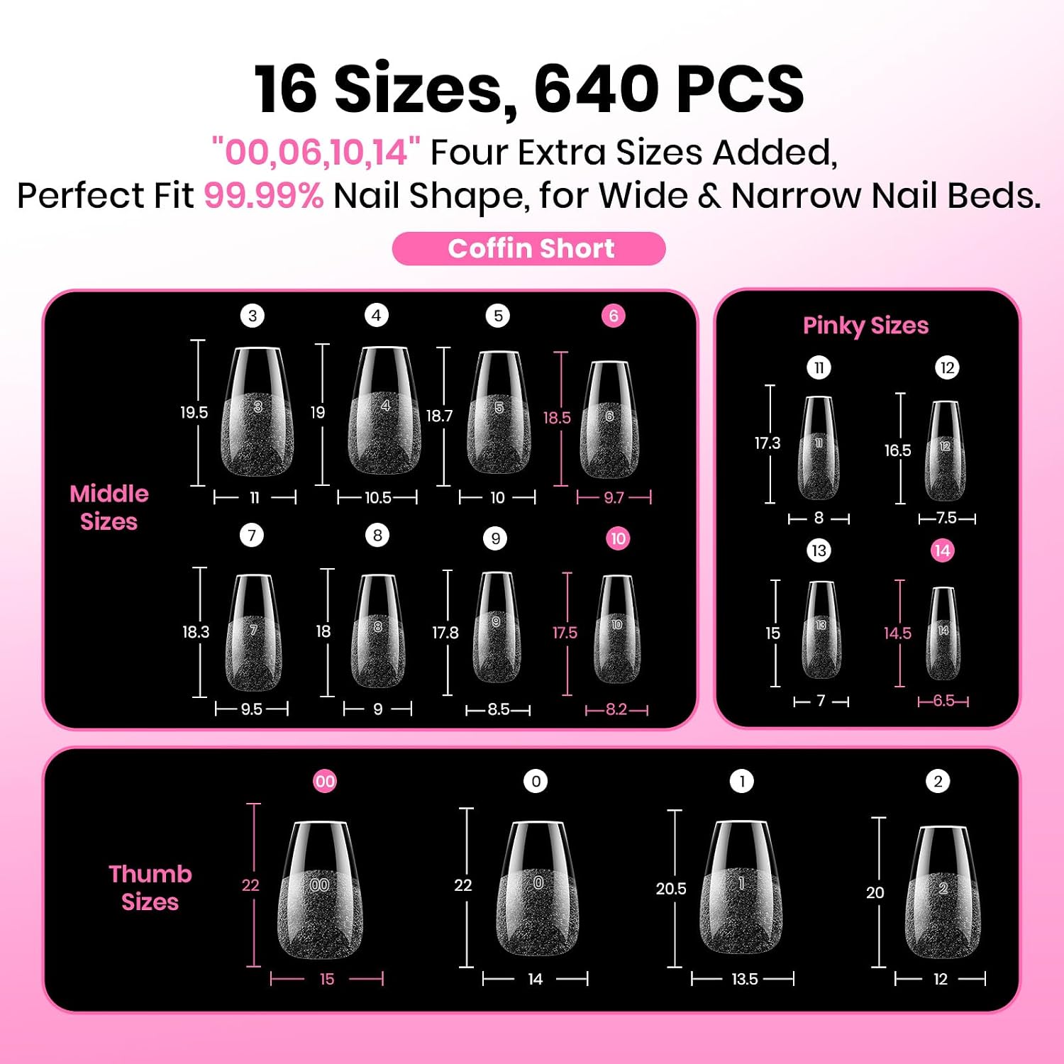 Beetles Flat-X Soft Gel Nail Tips, Short Coffin, 640Pcs, 16 Sizes