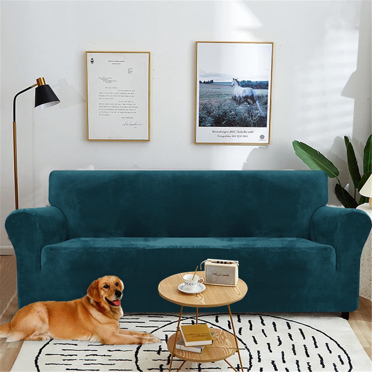 YSTELLAA Copridivano Velluto 3 Posti con Braccioli, Copridivani AntiGraffio Gatto, Fuzzy Copri Divano Elasticizzato Elastico, Universale Sofa Cover Antimacchia Lavabile Antiscivolo, Verde Scuro