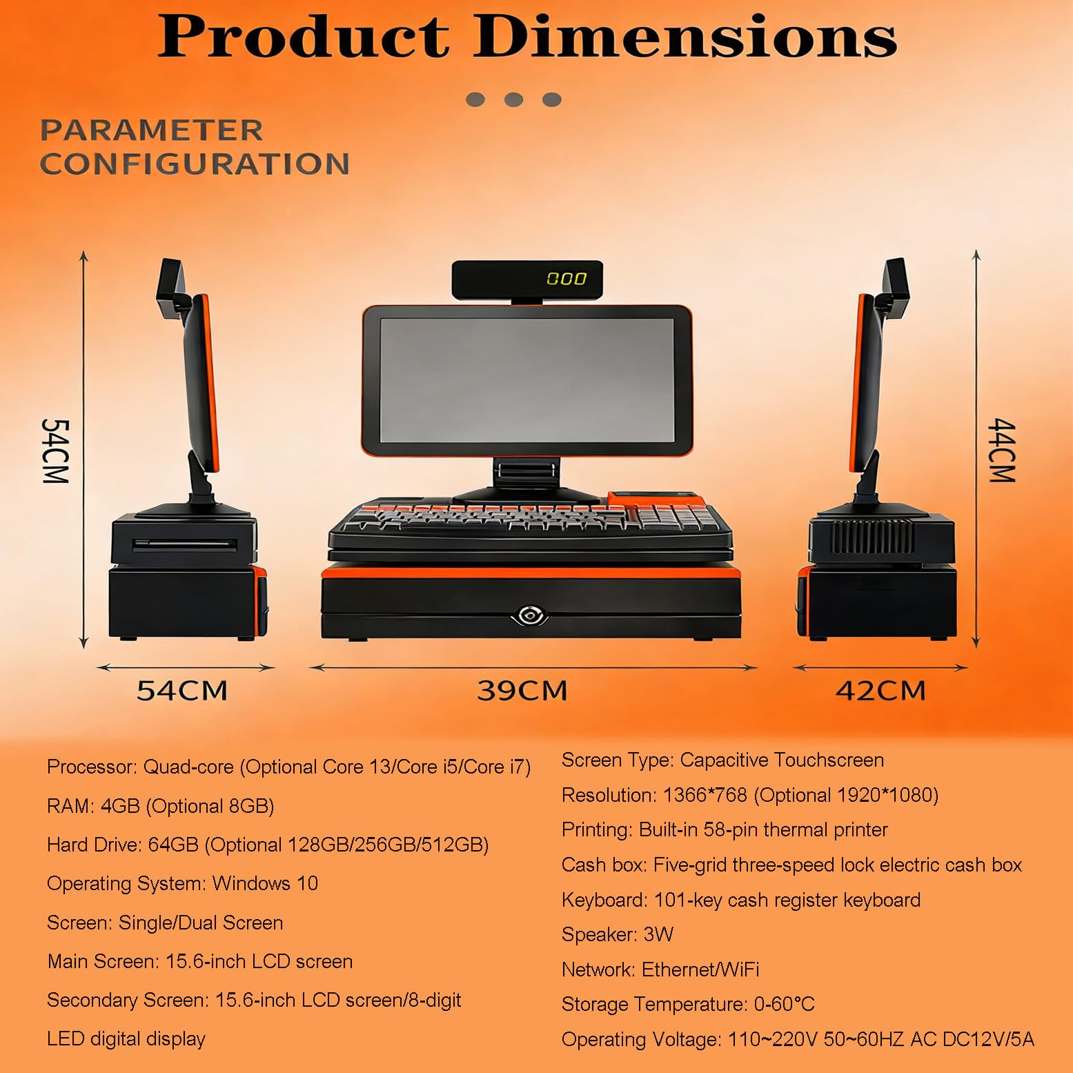 TPV para Restaurante con Pantalla táctil de 15,6" e Impresora de Recibos/Cocina integrada de 58 mm, procesador i5, 8 GB de RAM, SSD de 128 GB
