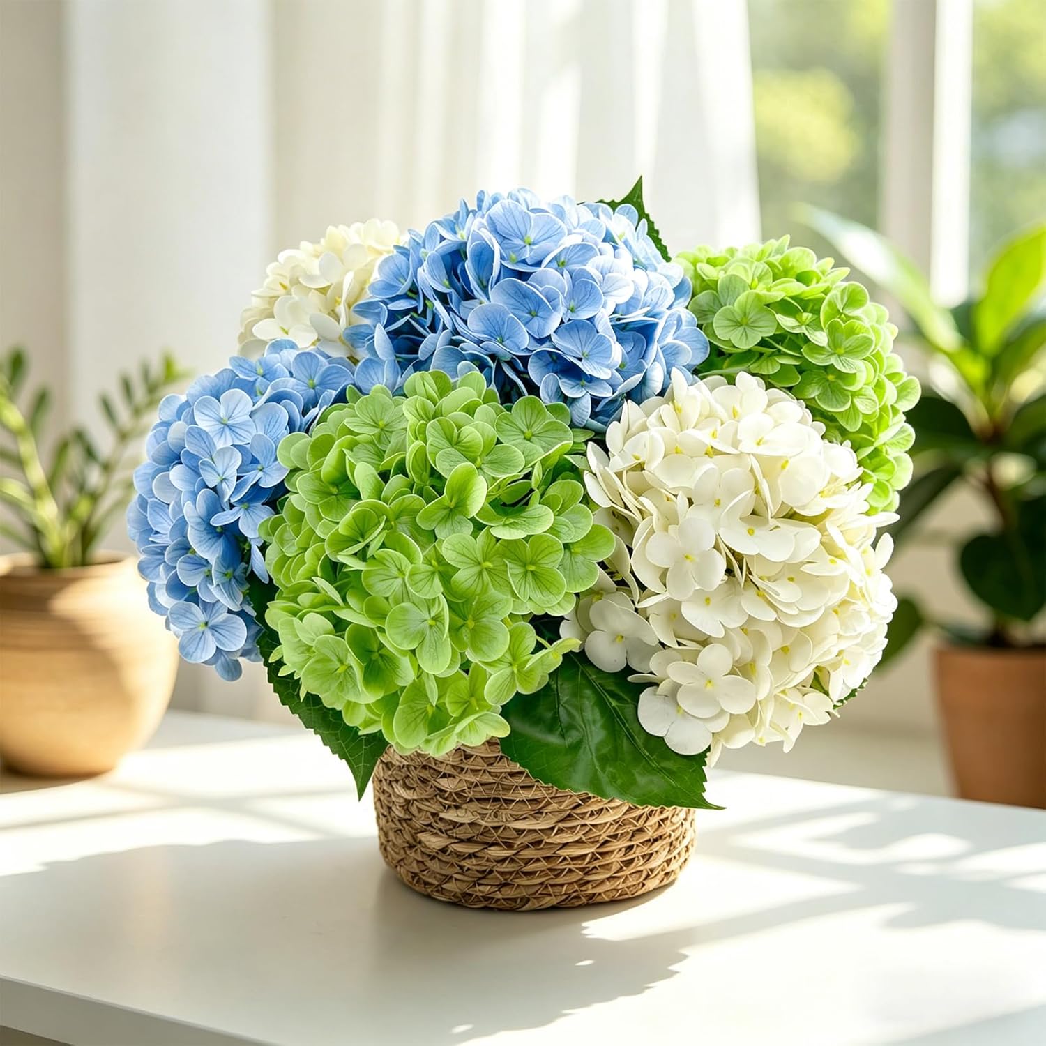 4 PCS Real Touch Hydrangea Artificial Flowers 20.5", Green Latex Faux Hydrangeas Large Fake Flowers with Stems Leaves for Family Table Wedding Bouquet Party Centerpieces Home Decor in Vase