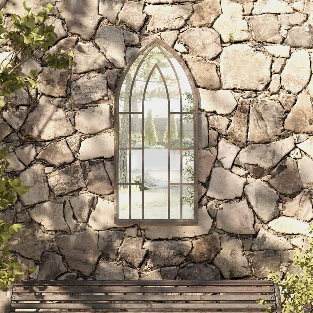 Espejo de jardín de color arena, 100 x 45 cm, hierro con efecto oxidado, espejo de pared para exteriores, espejo decorativo con cristal, espejo colgante para jardín, pasillo, salón, reflexión